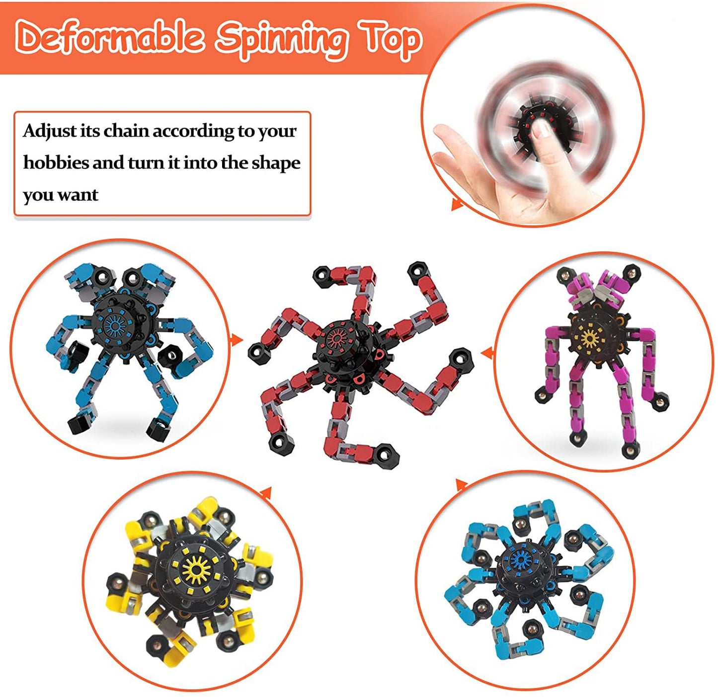 100pcs Random Fidget Spinners,DIY Deformable Robot Fingertip Toys,Decompression Spinner,Deformable Creative Mechanical Gyro Toys,Stress Relief Mechanical Chain Toy for Kids Adults，Party Supplies