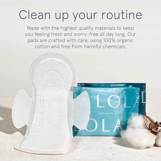 LOLA Organic Cotton Pads, 36 Count - Ultra Thin Pad with Wings, Cotton Organic Pads for Women, HSA FSA Approved Products Feminine Care, Regular