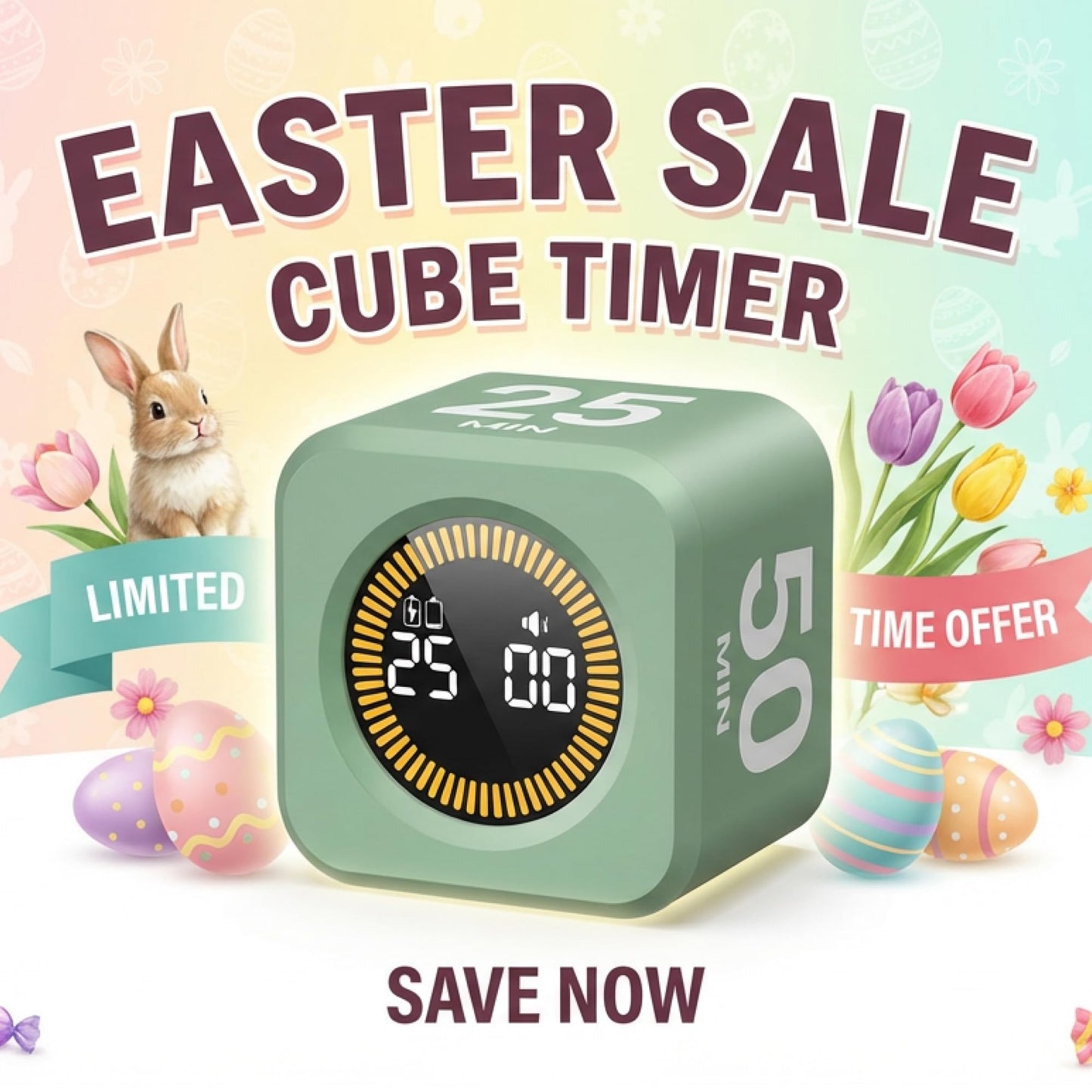 KADAMS Pomodoro Cube Timer Productivity Visual Timer - 5/10/25/50 Min Rotating Countdown (1, Green)