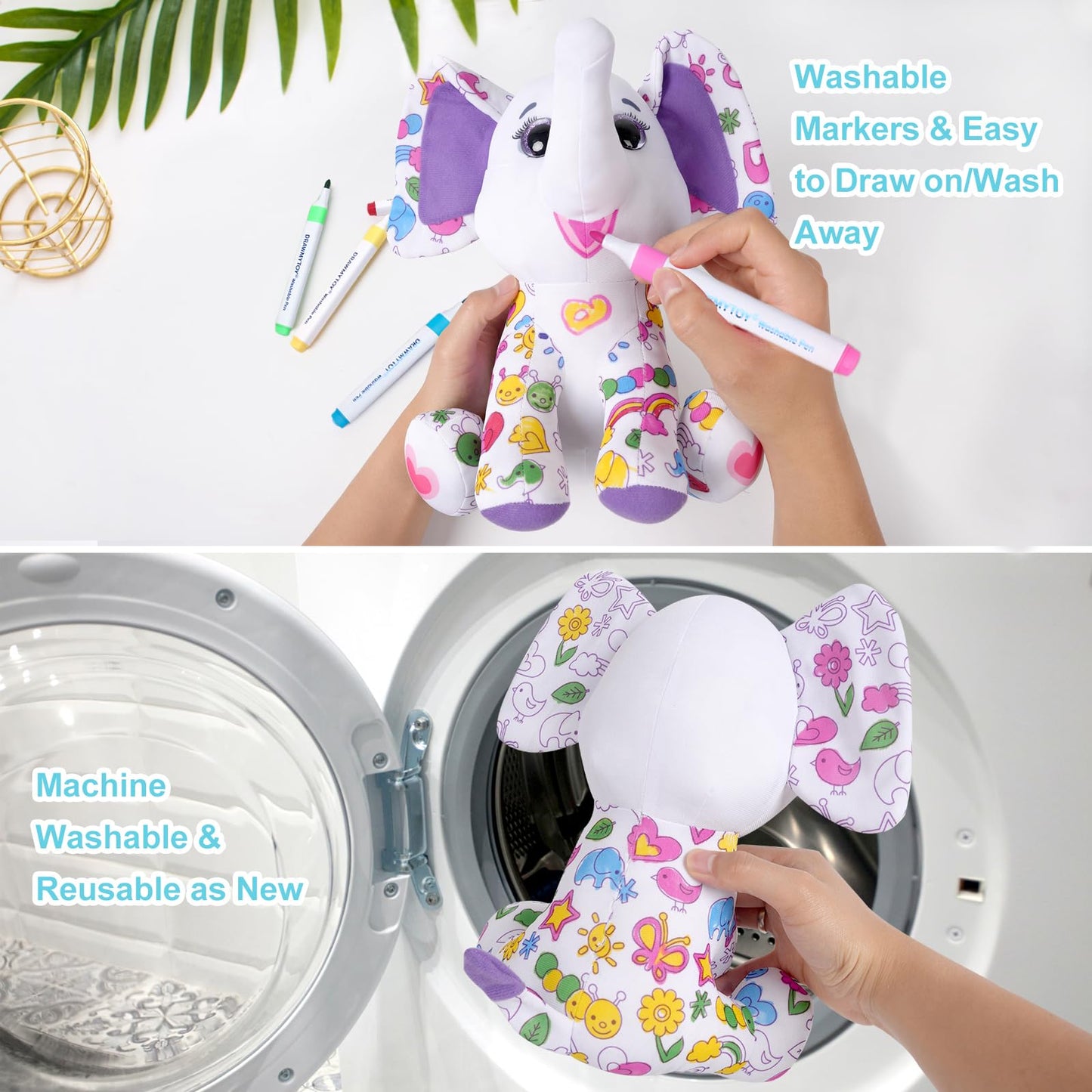 DRAWMYTOY DIY Coloring Plush Toy with Washable Markers, Scribble Pets Stuffed Animal, Doodle Dolls Art Toy for Boys and Girls Ages 3-8, Birthday Gift (Elephant)