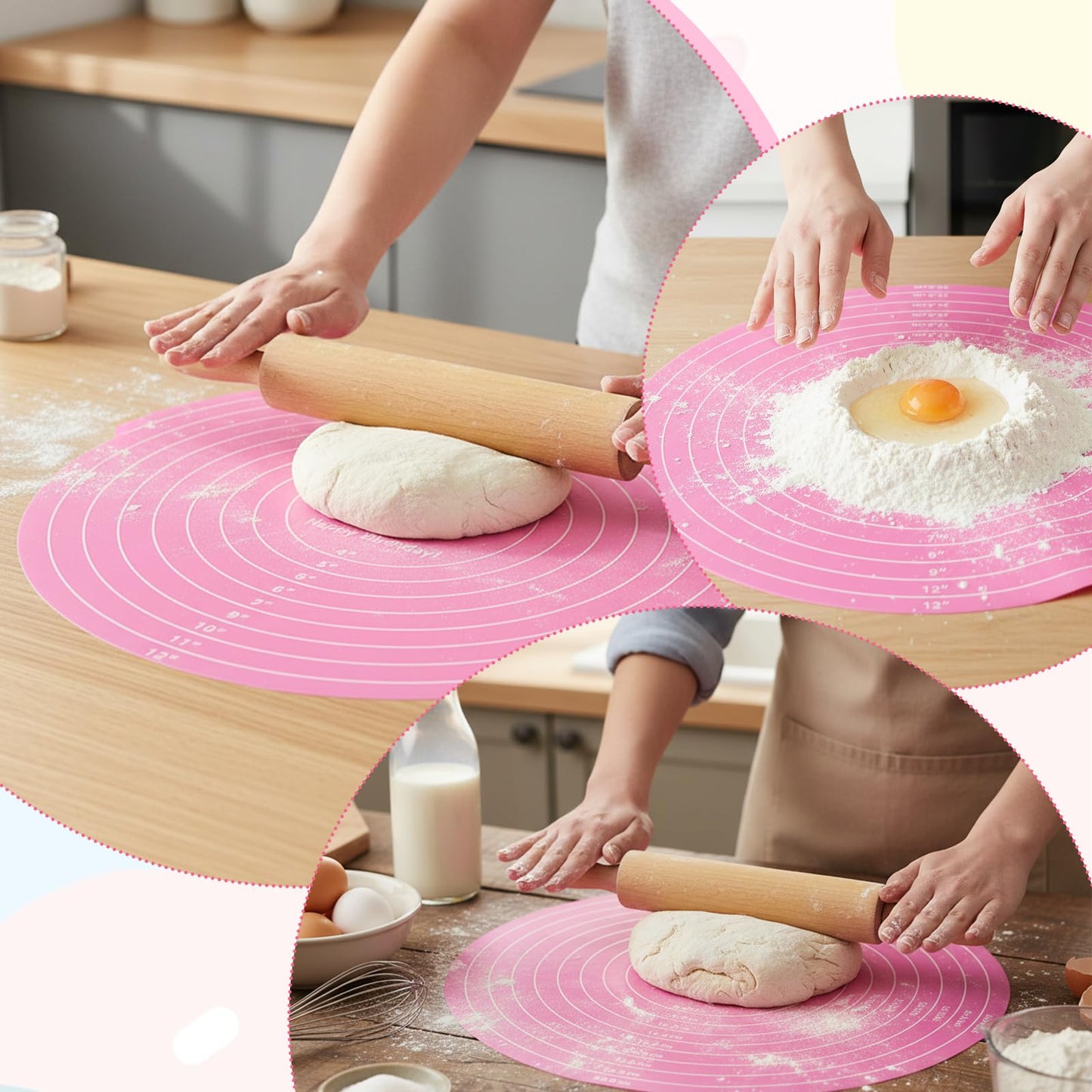 TIESOME 3 Pcs Round Silicone Baking Mat, 12 Inch (30cm) Silicone Rolling Mat With Measurements, Reusable Non-Stick Heat Resistant Baking Sheet for Dough, Fondant, Cookie & Pizza (Blue Pink Green)