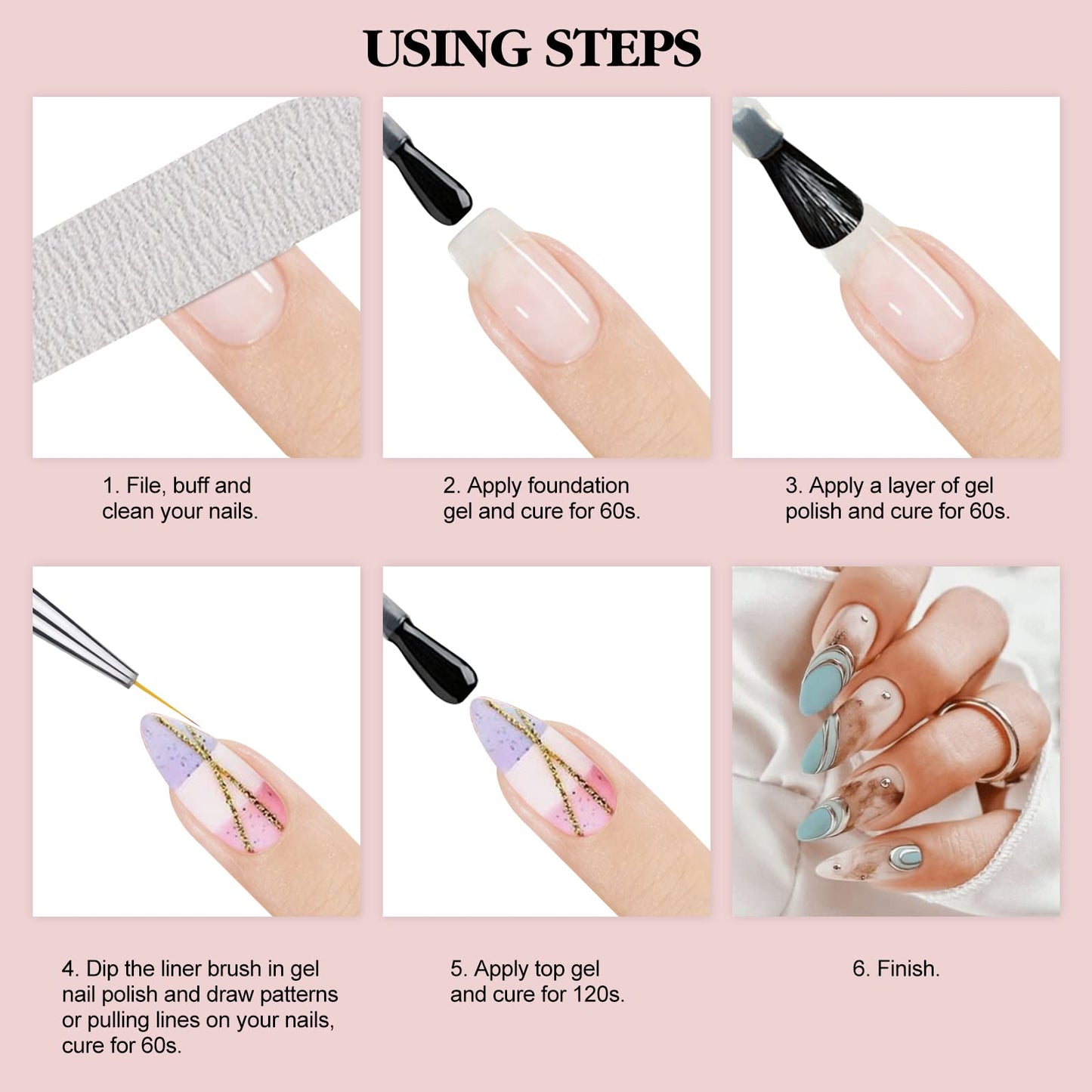 SAVILAND 6pcs Nail Art Liner Brushes Set: Nail Brush Gel Polish Painting Nail Art Design Brushes Pen with Crushed Diamond Rhinestone Handle for Pulling Lines,Sizes 7/9/11/13/17/23 mm
