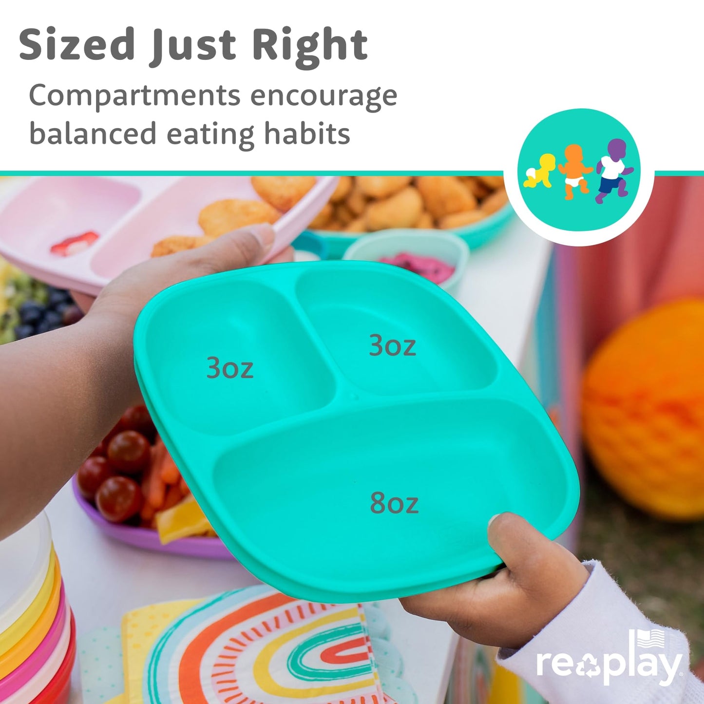 Re-Play 3 Divided Toddler Plates, 3 Utensils Set and 3 Wide Base Bowls - Dishwasher and Microwave Safe - Made in USA - Aqua Asst