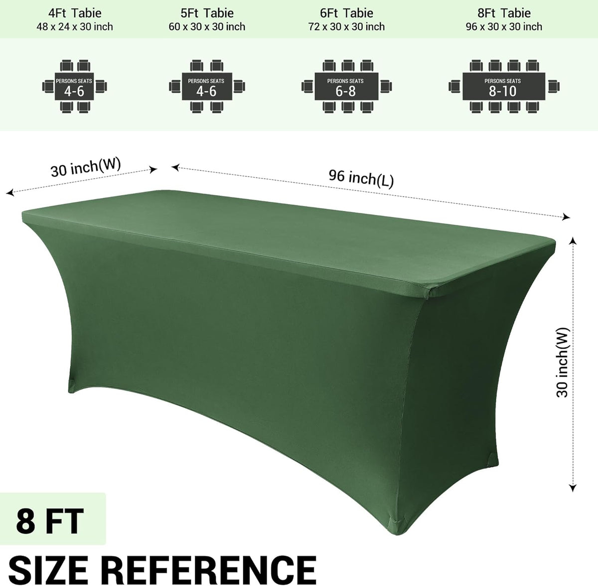 Obstal 8Ft Stretch Spandex Table Cover for Standard Folding Tables - 2 Pack Universal Rectangular Fitted Tablecloth for Party, Banquet, Events, Trade Show (Blackish Green, 96L x 30W x 30H Inches)