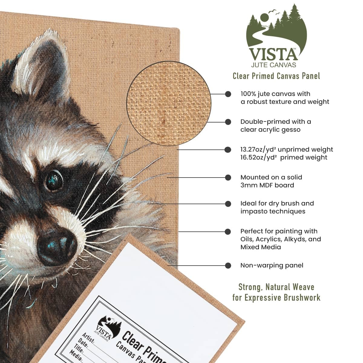 Vista Jute Clear-Primed Canvas Panels - 5"x7", 3 Pack - Blank Canvas for Traditional Oils, Eco Friendly, 100% Jute, Double Primed, Extra Coarse Texture, Ideal for Dry Brush and Impasto Techniques