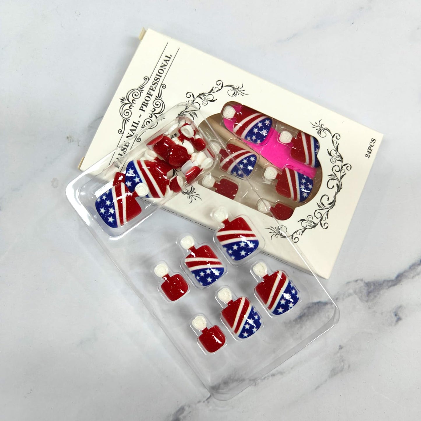 Independence Day Press on Toenails Short Square Fake Toe Nails with American Flag Design Red Blue False Toenails 4th of July Toe Nails Press on Summer Glossy Acrylic Toenails for Women 24Pcs