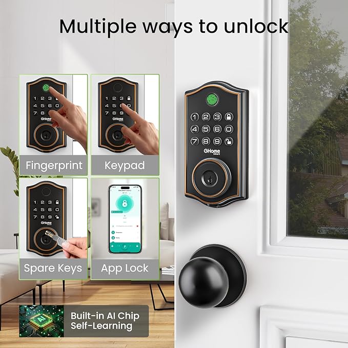GHome Smart deadbolt Lock, Keyless Entry Door Lock for Front Door, App Remote, Auto Lock, Easy Installation, Fingerprint Door Lock with Keypad for Home, Airbnb, Apartment, Garage, Black