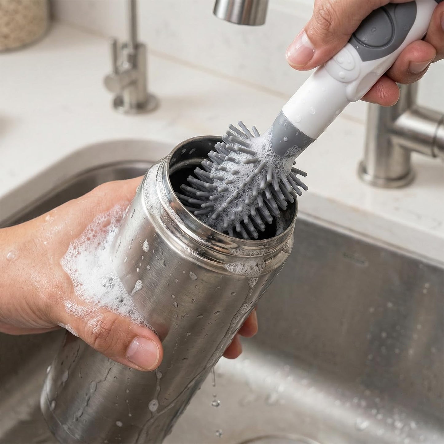 Soap Dispensing Brush Cleaner for Kitchen, Glassware, Mugs, and Plates, BPA Free Silicone Bristles, Portable Comprehensive Multi-Purpose Cleaning