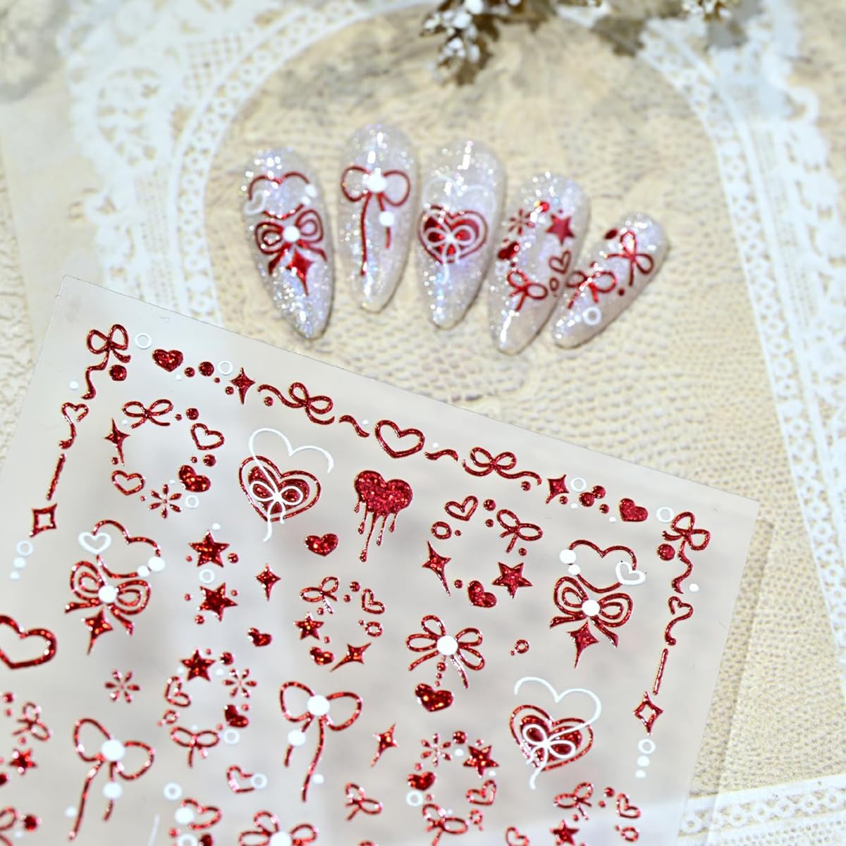Valentines Nail Stickers for Nail Art Red Heart Nail Stickers 5D Self-Adhesive Embossed Bow Hearts Nail Decals Valentine's Day Nail Decorations for Women 1 Sheet