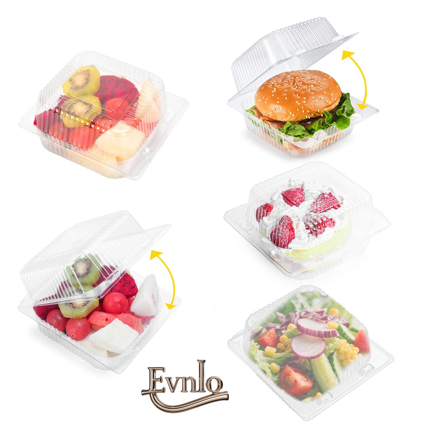 Evnlo 100 Count Clear Plastic Containers with Lids for Food, Thickened Disposable Sandwich Containers Clamshell Boxes for Cake Slice, Dessert, Hamburger, Salad, Pastry, Fruits, Takeout Tray