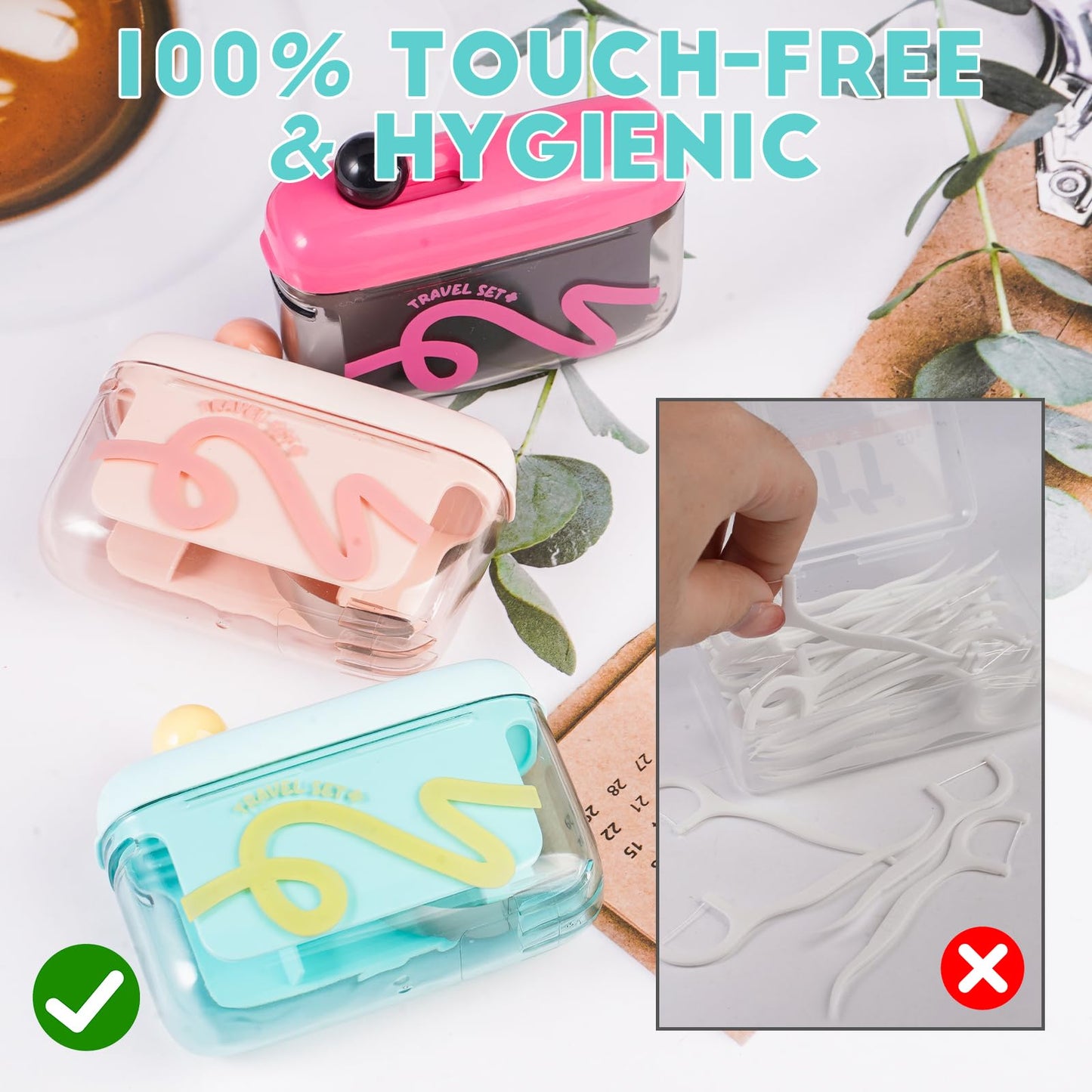 Travel Floss Picks Dispenser, 2026 New Automatic Pop-up Floss Pick Holder Case, Refillable Floss Organizer for Purse, Hygienic Dental Floss Storage Box with 50PCS Flossers for Home Dinning, Green