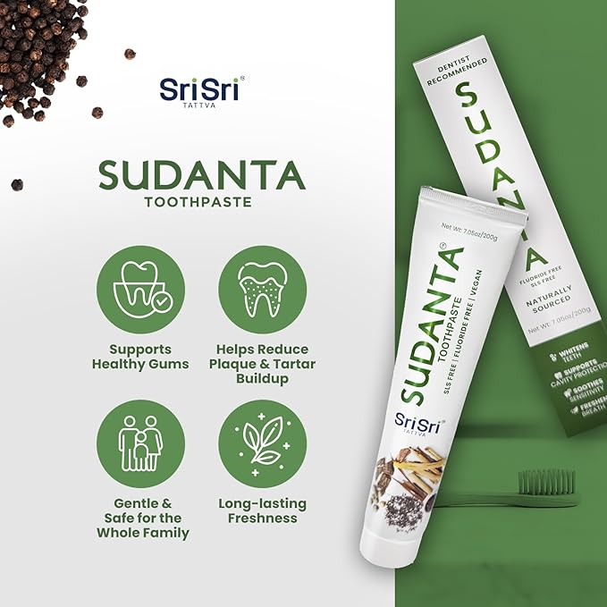 Sri Sri Tattva Sudanta Herbal Toothpaste – SLS Free & Fluoride Free Natural Ayurvedic Toothpaste for Strong Teeth, Healthy Gums & Oral Care – 200 g Pack of 3