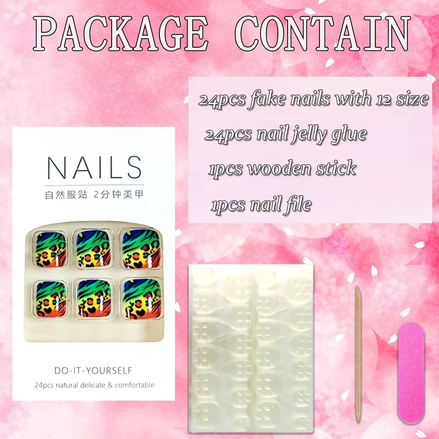 FIEONCIY 24Pcs Press-on Square Acrylic False Nails with Charms, Spring/Summer French Style, Colorful Leopard Pattern, Glue on Toe Nails for Women Girls
