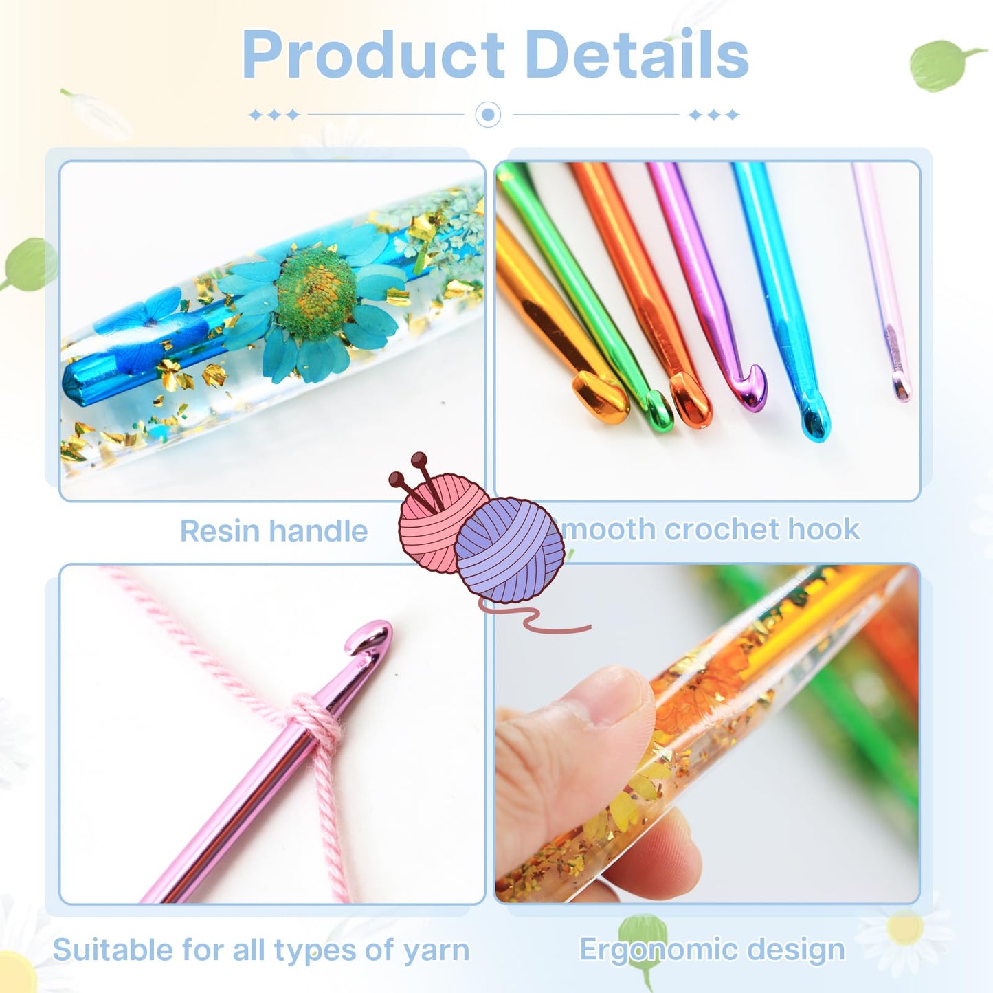 ZYNERY 6 Pcs Resin Crochet Hook Set, Ergonomic Crochet Hooks with Floral Plastic Grips, Size 3mm-6mm (3/4/4.5/5/5.5/6mm), Includes Stitch Markers & Needles for Blankets, Scarves, Hats