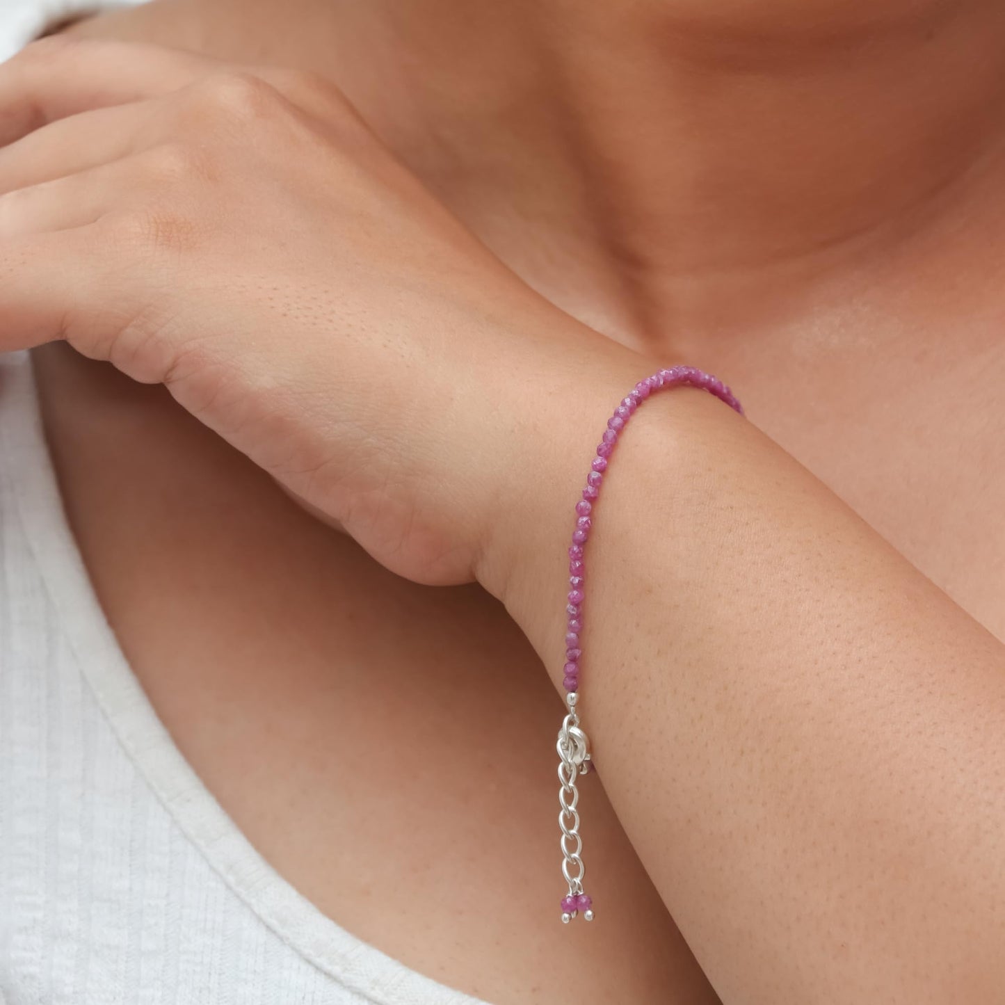 Gempires Handmade Ruby Gemstone Beaded Bracelet for Women | 2.4–2.5 mm Faceted Natural Stone | Adjustable 7+1 Inch Silver Plated Chain | Dainty Minimalist Stacking Jewelry | July Birthstone Gift