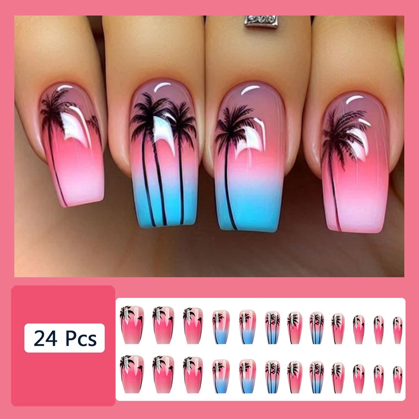 Summer Press on Nails Medium Coffin Fake Nails with Coconut Trees Design Glue on Nails Pink Sky Blue Sea False Nails Glossy Full Cover Stick on Nails Acrylic Artificial Nails for Women 24Pcs