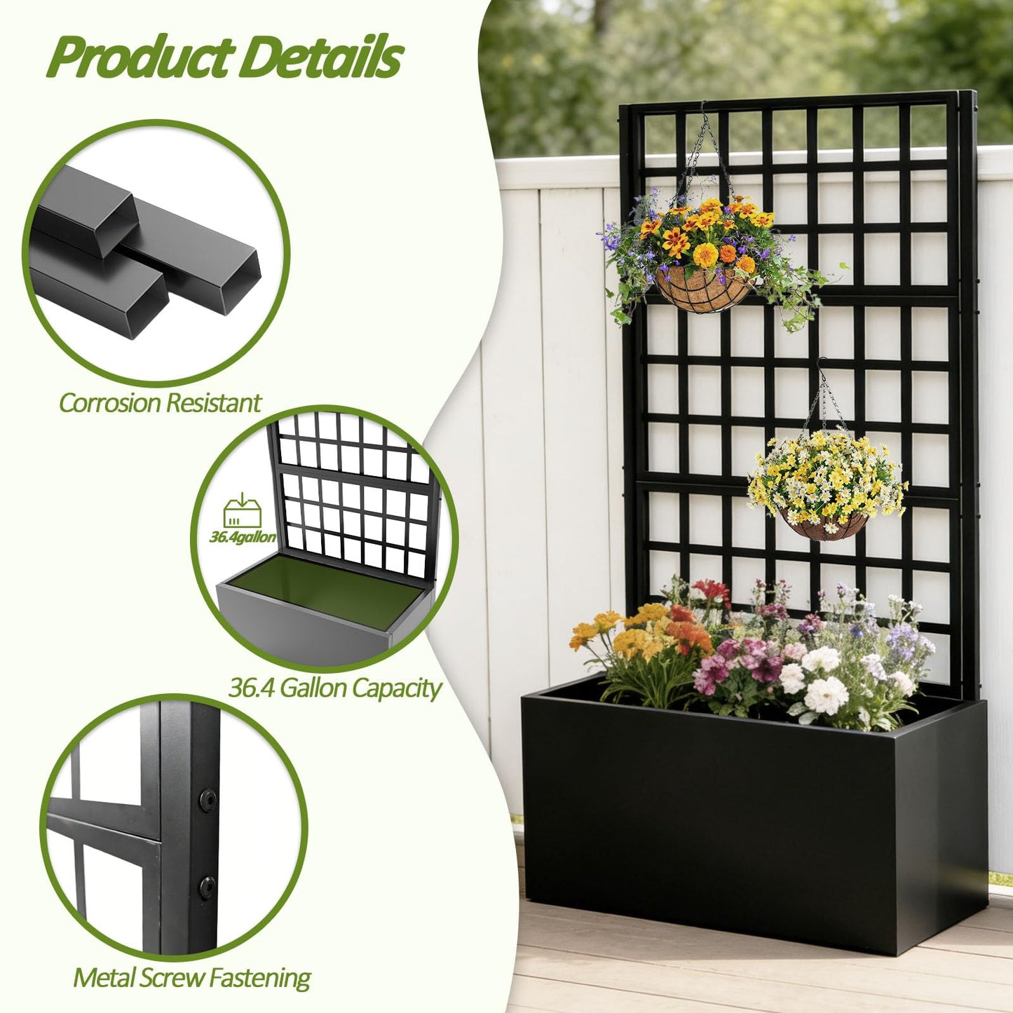 Trellume Metal Planter Box with Trellis - 63"(H)*31.5(L)*15.8"(W) Plastic-Coated Rustproof Trellis Planter, Raised Garden Bed with Trellis, Privacy Screen with Planter Box for Garden, Balcony, Patio