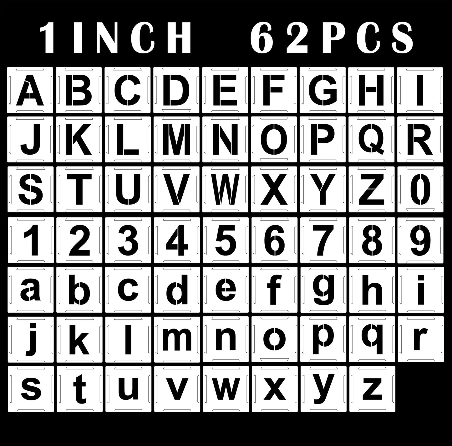 Mossdecal 62pcs Letter Stencils and Numbers 1 Inch, Small Reusable Alphabet Templates Interlocking Stencil Kit for Painting on Wood, Wall, Fabric, Rock, Chalkboard, Sign, Art Craft Stencils