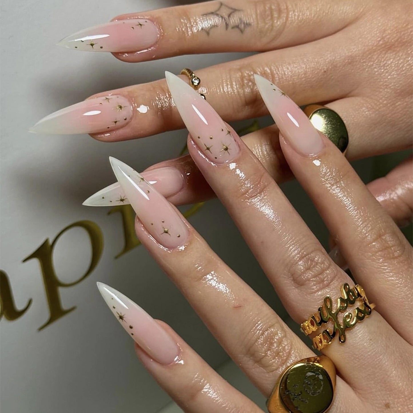IMRAIN Press on Nails Long Stiletto Fake Nails Nude Pink Ombre Glossy Glue on Nails Full Cover Nature Artificial Gel Stick on False Nails for Women 24Pcs