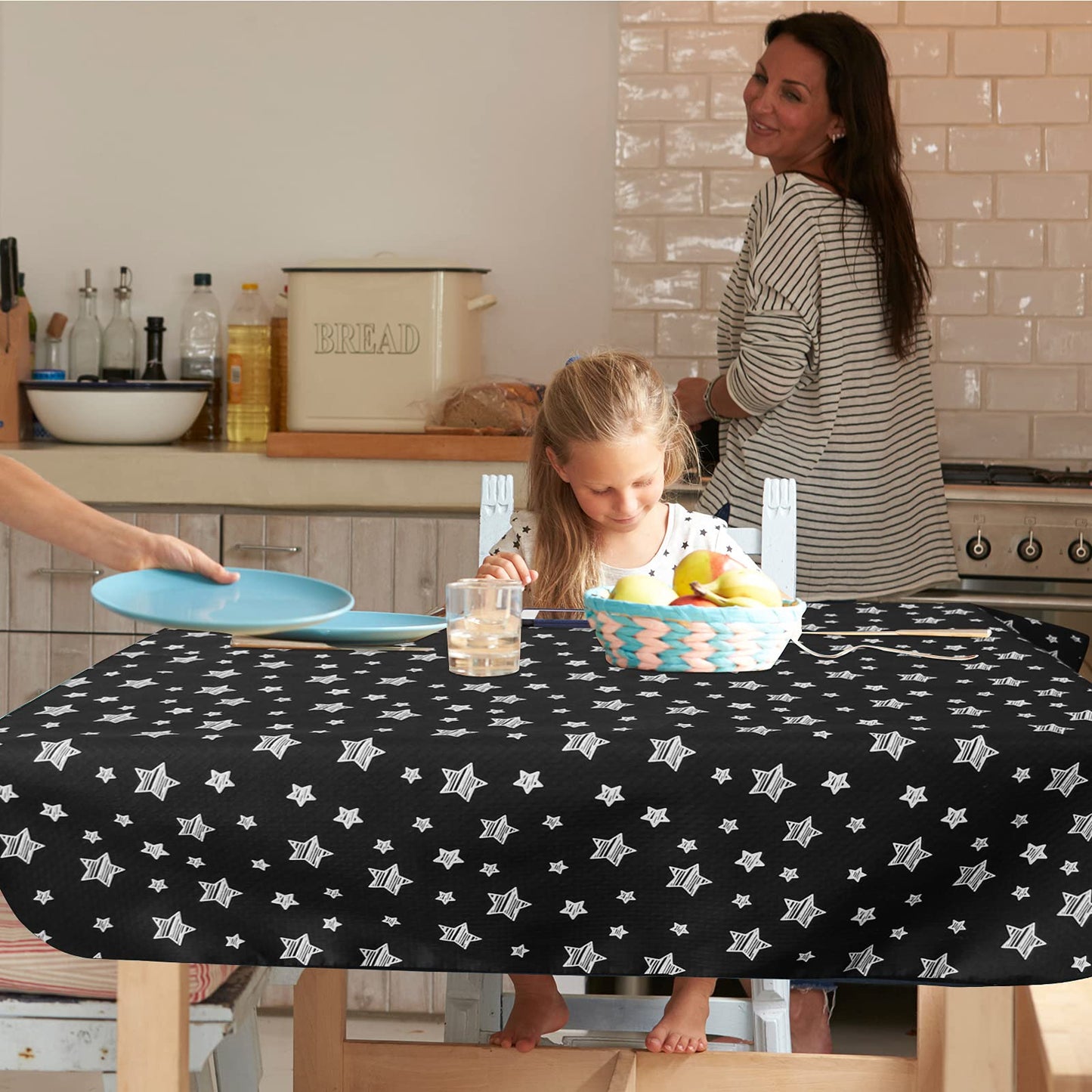 High Chair Mat Waterproof and Washable Splat Mat, Baby Splat Mat for Under High Chair, Non Slip Mat for Art/Crafts/Playtime, Protable Picnic Table Cloth Mat, 46'' x 42'', Black Star