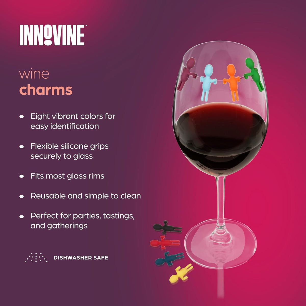 Innovine Wine Charms, Vibrant Silicone Drink Markers, Reusable Glass Charm Stemmed and Stemless Glasses, Perfect for Housewarming, Birthday, Dinner, Outdoor Party, Set of 8