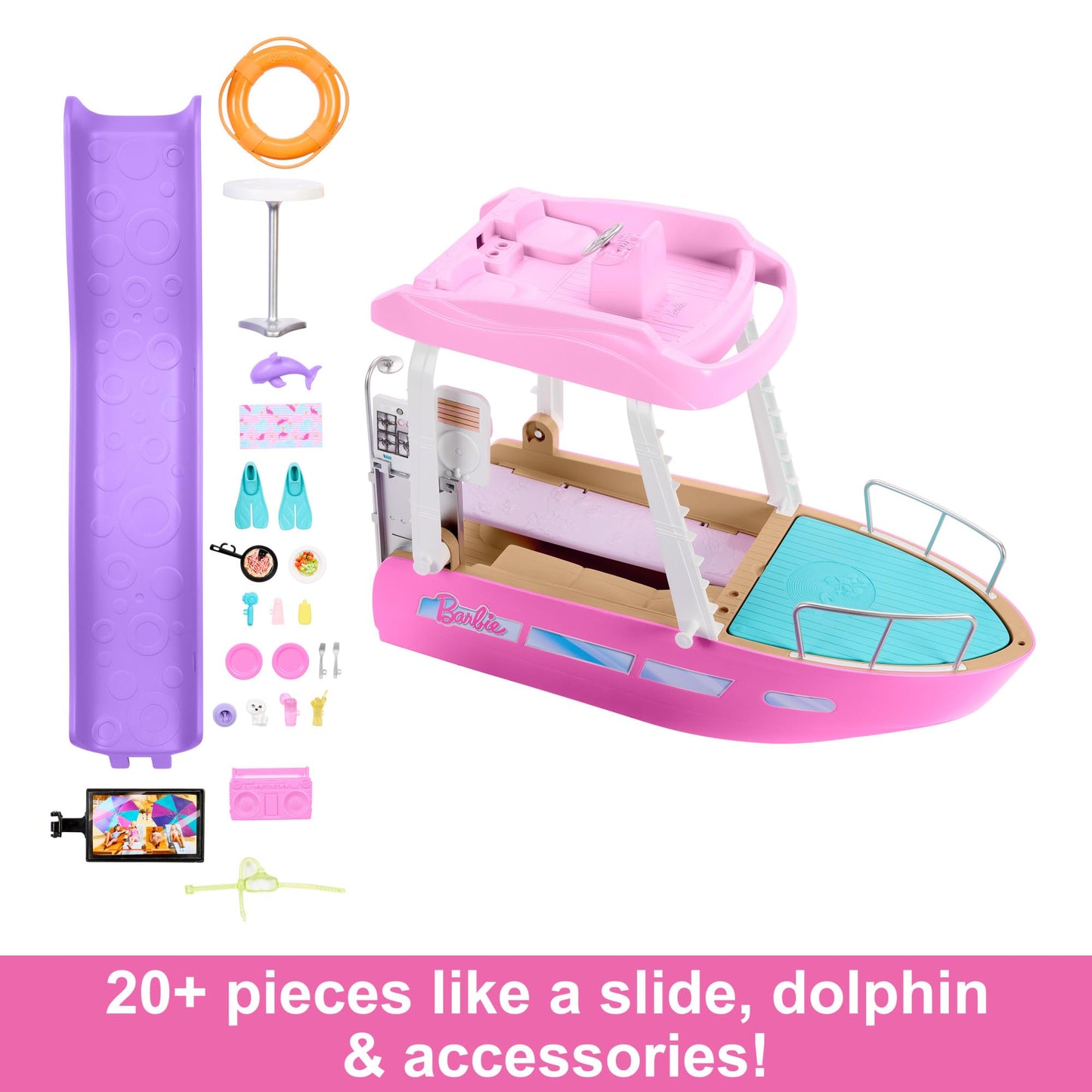 Barbie Boat with Pool and Slide, Dream Boat Playset Includes 20+ Pieces Like Dolphin and Accessories