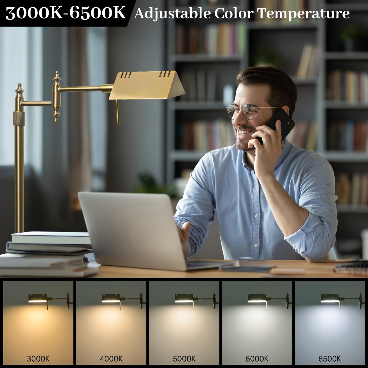 Dimmable Pharmacy Floor Lamp with Remote, 17W Gold LED Reading Floor Lamp with 360°Swing Arm, 3 Color Temperature, Height Adjustable Standing Task Lamp for Living Room, Bedroom, Office, Antique Brass