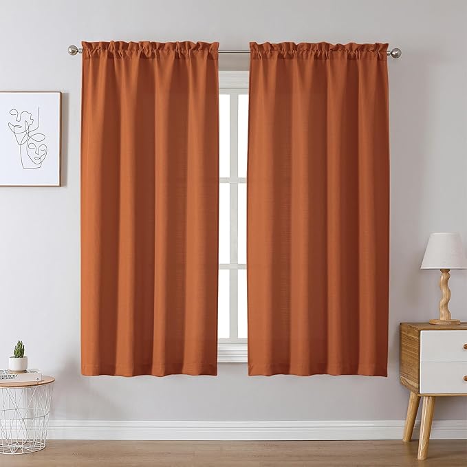 Chyhomenyc Orange Curtains 63 Inch Length 2 Panels, Faux Linen Textured Semi Sheer Light Filtering Soft Airy Rod Pocket Window Treatment Drapes for Living Room Bedroom, 40Wx63L Inch, Set of 2