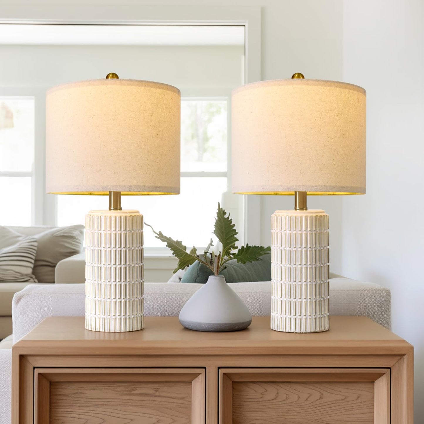 PoKat 20.75" Small Modern Ceramic Table Lamps Set of 2 for Bedroom, White Bedside Lamps for Night Stands, Farmhouse Desk Decor Gift Nightstand Table Lamps for Living Room End Table Beige