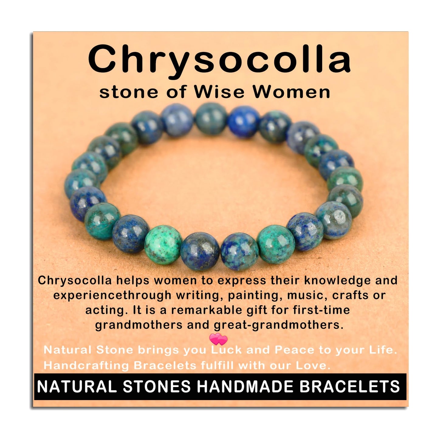 AD Beads Handmade Gemstone Stretch Elastic Bracelet Crystal Healing Reiki Nature's Beauty and Spiritual Essence Unisex (8mm, Chrysocolla (Wise Women))