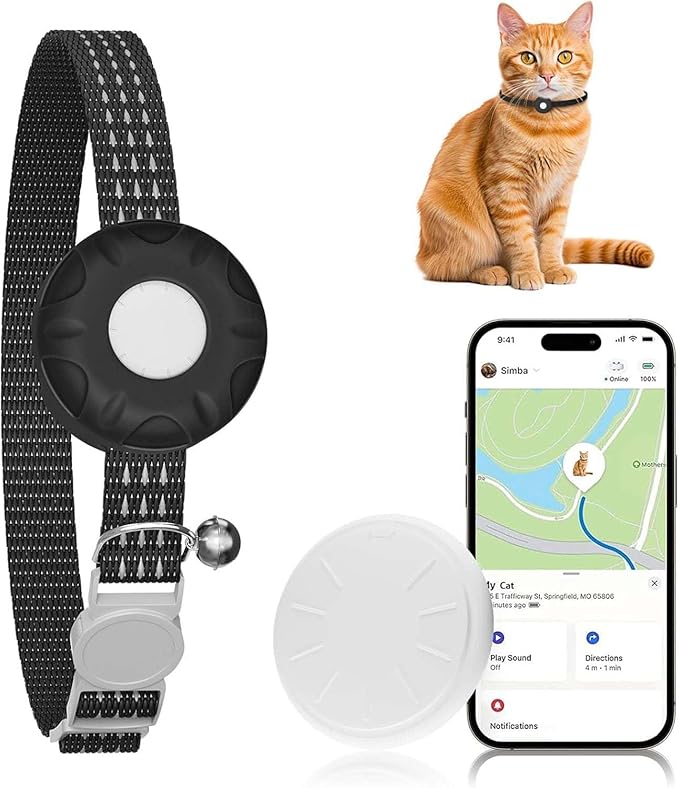 ZFSJTAG Cat GPS Tracker, Smart Cat Tracker Compatible with Apple Find My App (Only iOS), No Monthly Fee, Waterproof (White Tracker, Black Cat Collar)