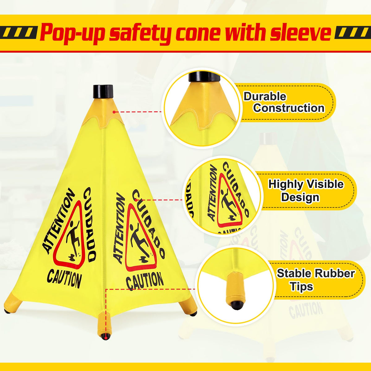 20 Pcs Pop up Wet Floor Sign with Storage Tube 20 Inch Wet Safety Signs Commercial Caution Safety Cone Pop up Caution Sign for Commercial Stores Grocery Restaurant Restroom Office Use (20 Count)