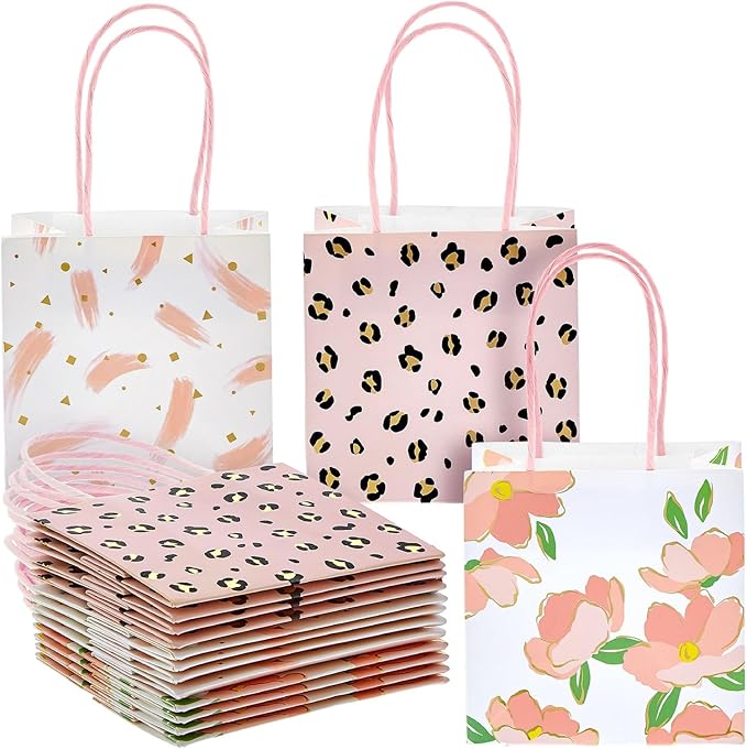 Sparkle and Bash Party Favor Bags with Handles - 12-Pack, 5 x 5 x 3 In, Pink Floral & Animal Assortment - Mini Gift Bags for Jewelry, Candies & Small Favors
