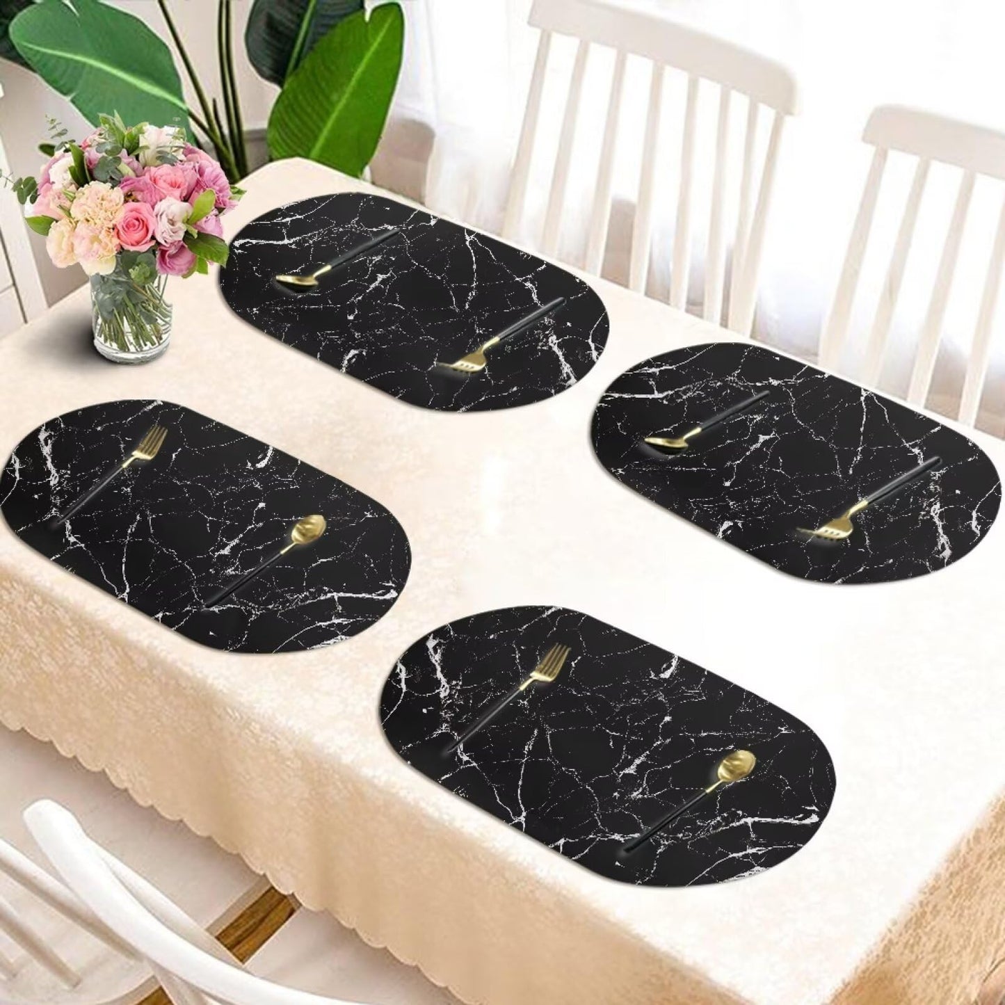 Qehuruxo Marble 4 Piece Placemat Set Waterproof Easy to Wipe Clean Place Mats PU Leather Placemats Heat Resistant Dining Table Placemat Dinner Table Protector