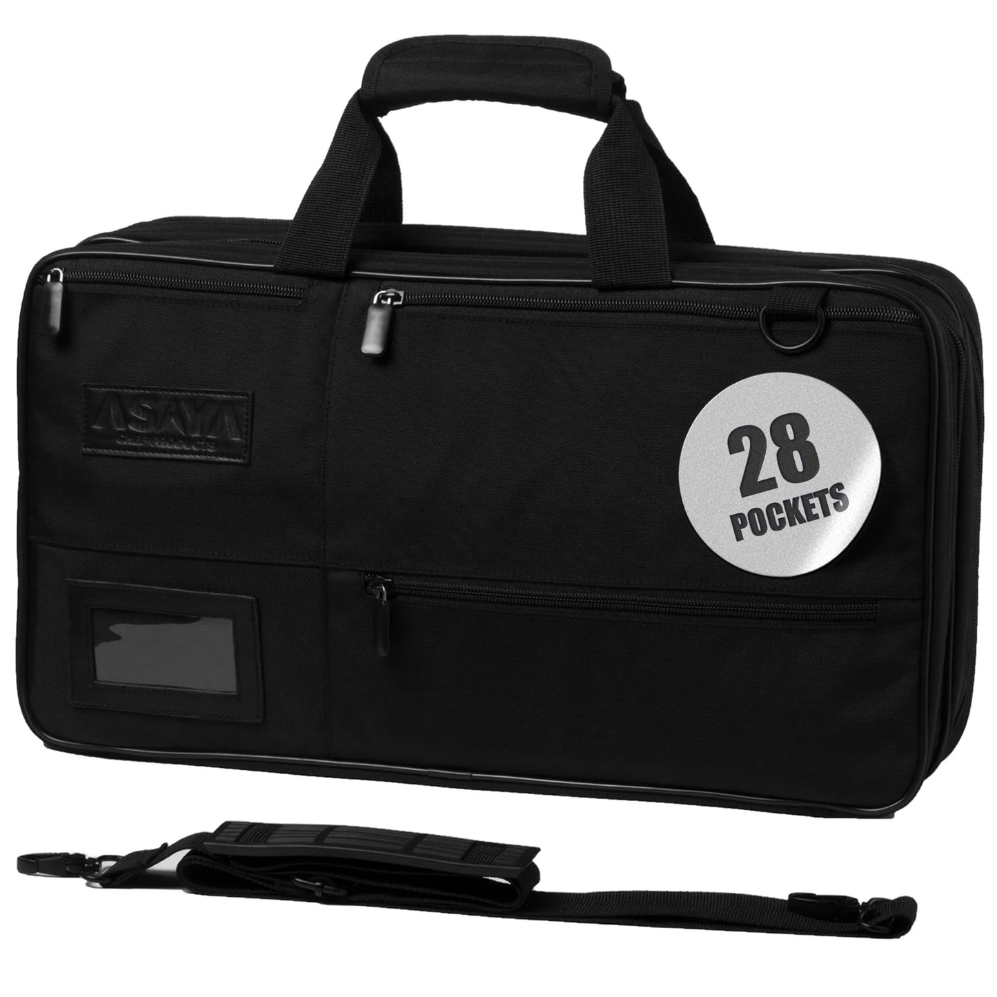 Asaya Chef Knife Bag - 28-Pocket Knives Carrying Case for Kitchen Tools and Utensils, Ballistic Nylon Chef Knife Roll Bag with Adjustable Shoulder Strap - Knives Not Included (Black)