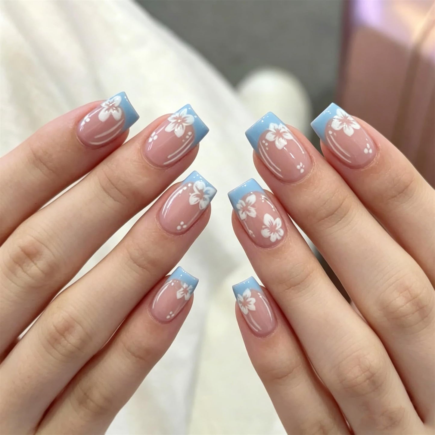 Press On Nails, French Tip Short Pointed Almond Fake Nails with UV Finish, 12 Sizes Quality False Nails, 24Pcs Reusable Press-On Manicure Set with Nail Glue for Women Pattern #06