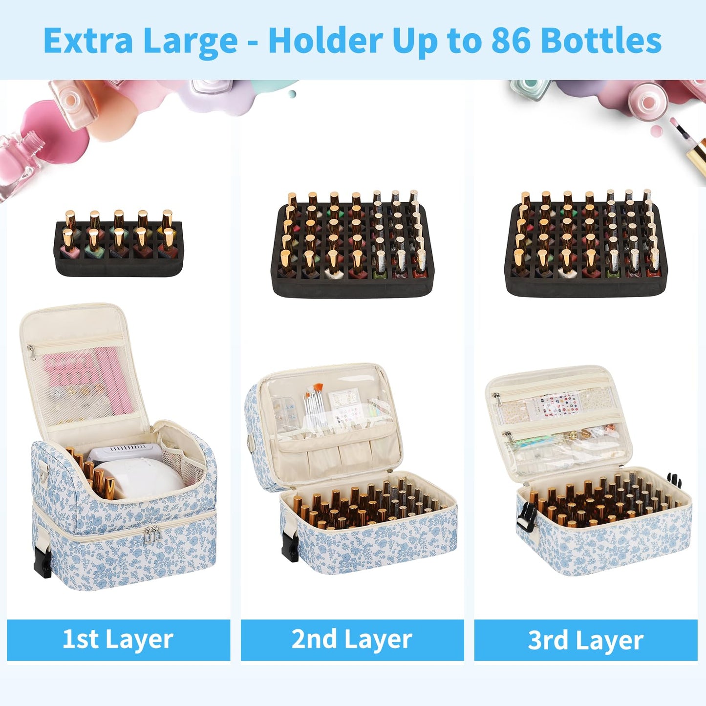 Extra Large Nail Polish Organizer - Three Layer Nail Organizers And Storage Bag, Portable Nail Supplies Organizer Case, Nail Tech Kit Travel Carrying Box with Shoulder Strap (Floral Blue, 86 Slots)