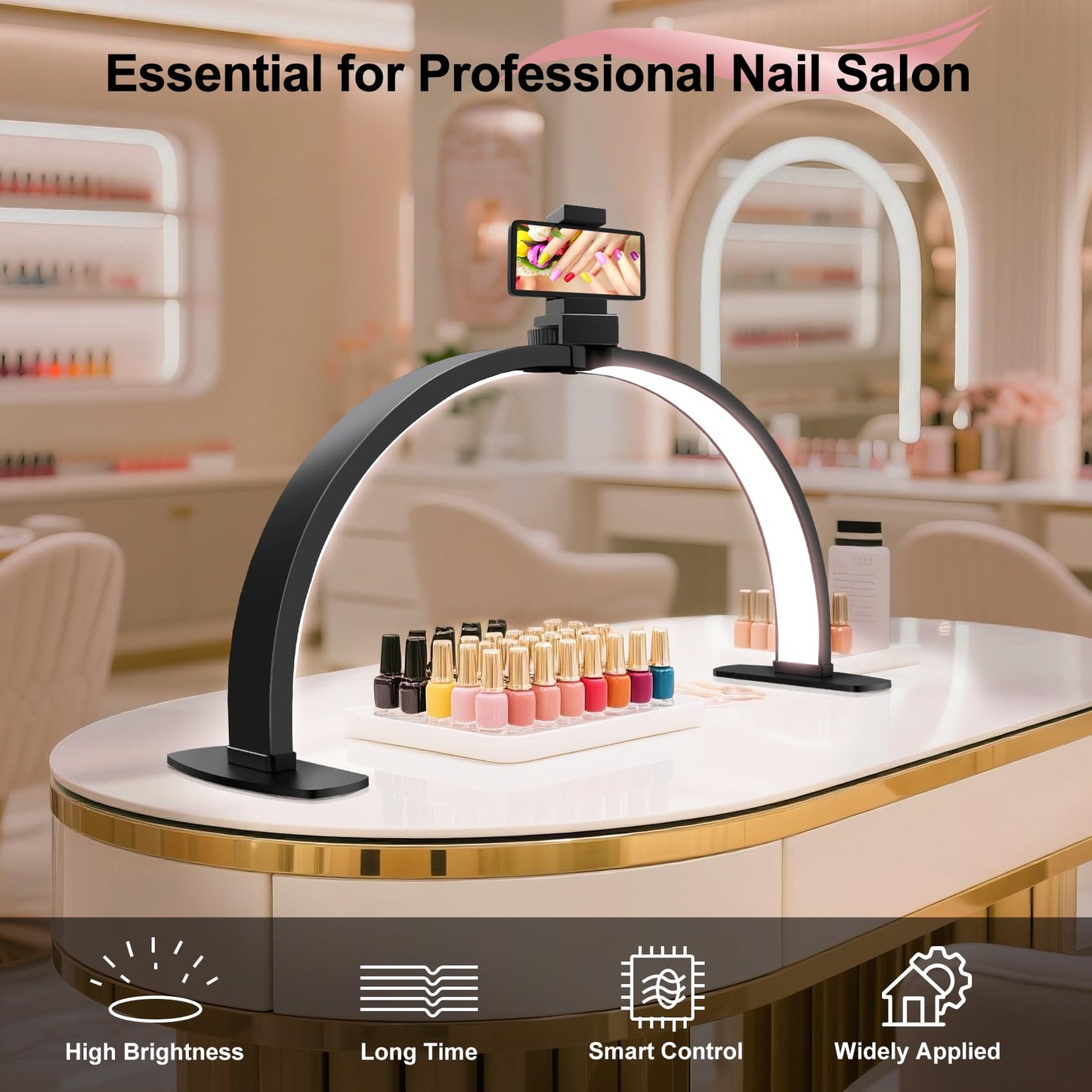 Half Moon Light for Nail Desk: 29in LED Arch Nail Tech Table Lamp with Phone Holder - Salon Professional Desk Light 3 Color Modes & 10 Brightness Lighting for Manicure Technician Use（Black,Large）