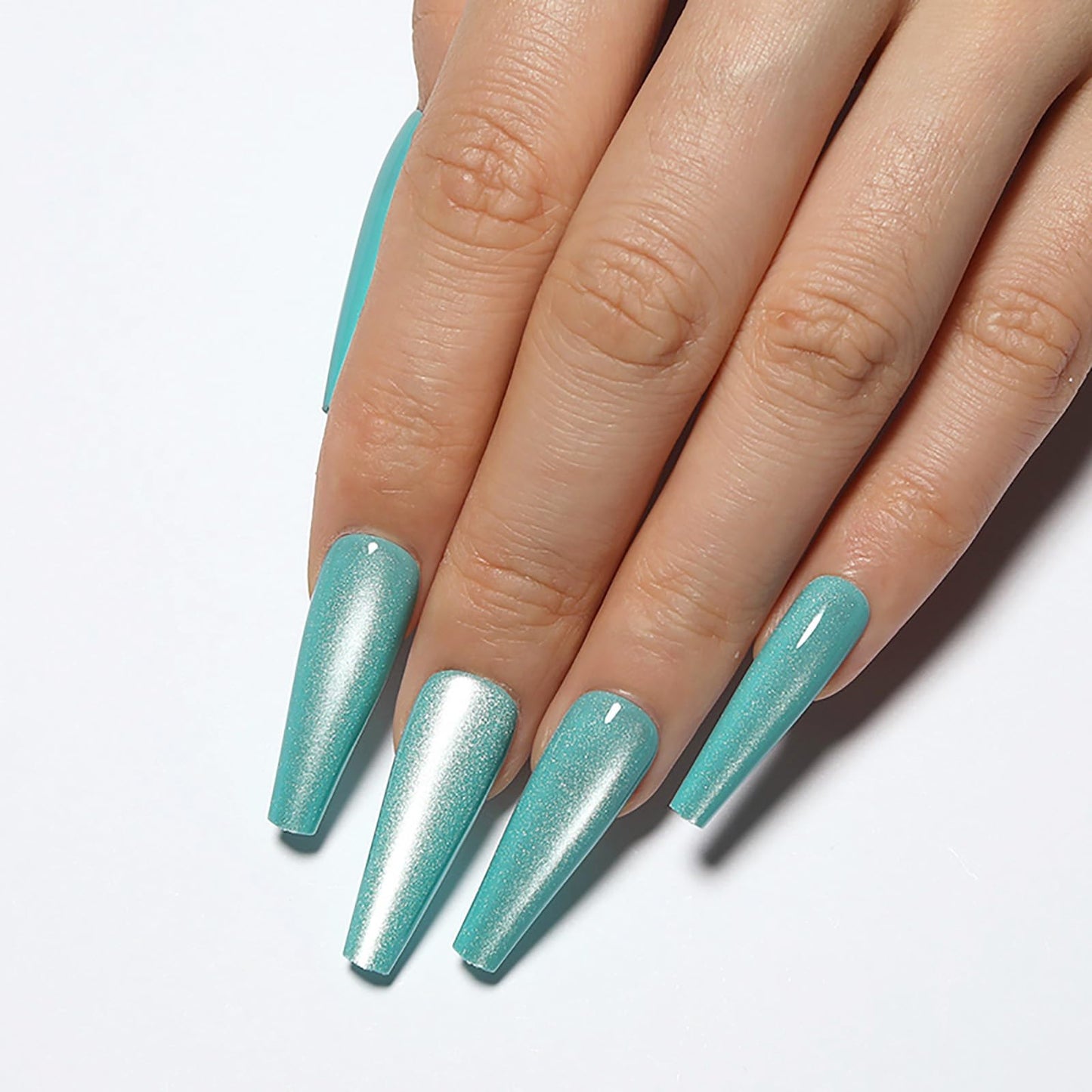 Handmade Press on Nails - Cyan Long Fake Nails | Velvet Effect Design False Nails | Glossy,Glitter,Gradient Color,Reusable Acrylic Nails | 12 Sizes - 24 Nail Kit with Jelly Glue