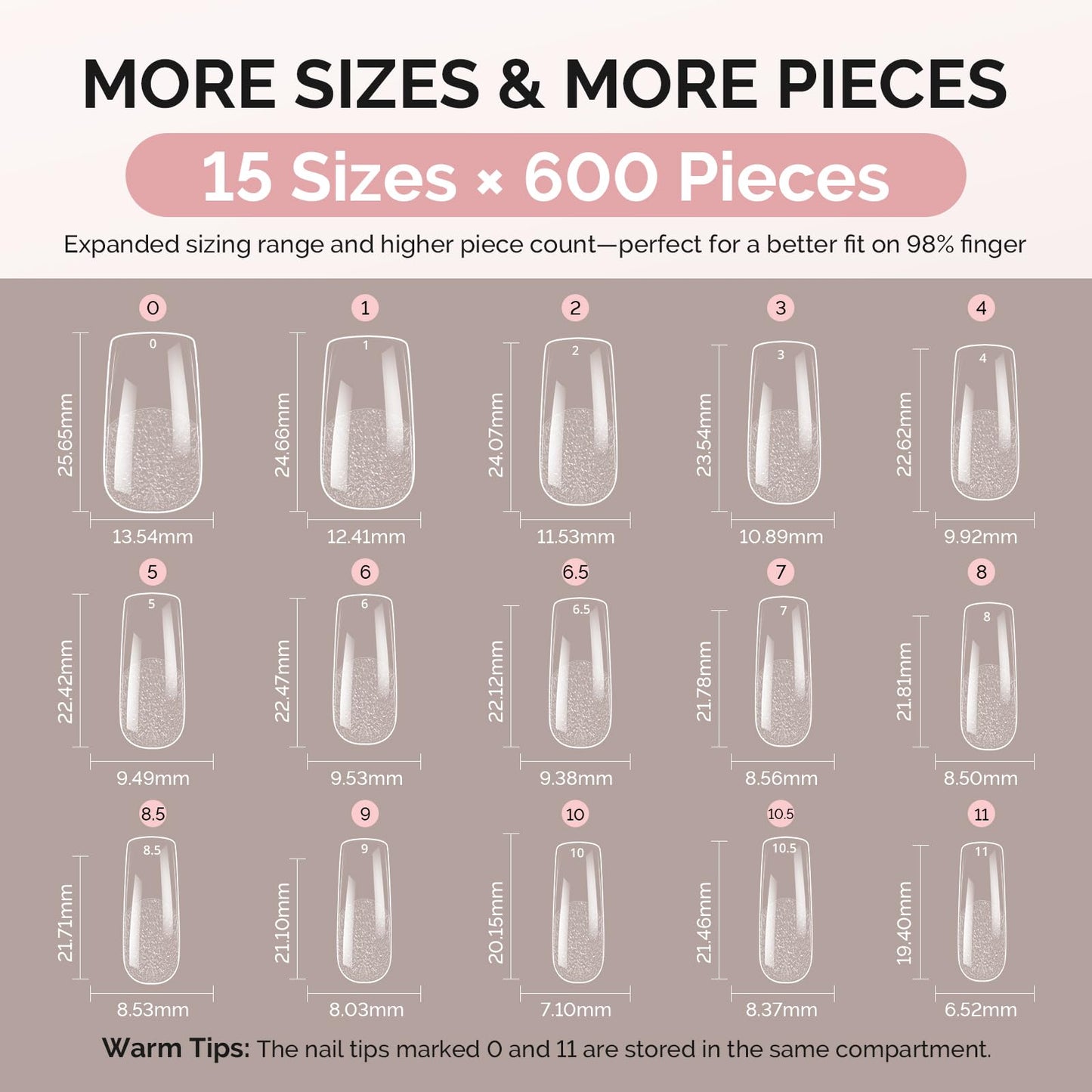 MelodySusie Medium Square X Nail Tips- 600Pcs 15 Sizes Clear Acrylic, Half Matte Full Cover Press on Nails for DIY Extension & Salon Use, Pre-Shaped for Long-Lasting Manicure