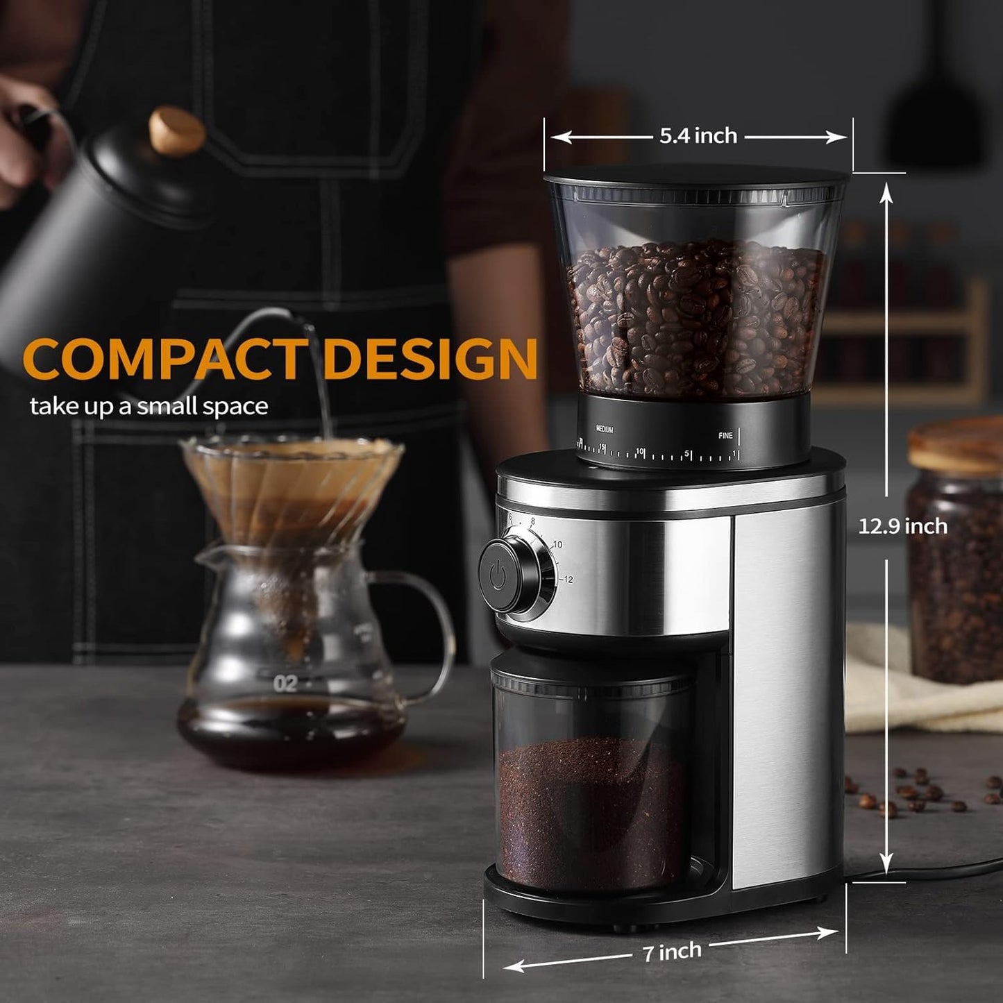 Ollygrin Burr Coffee Grinder, Electric Conical Coffee Bean Grinder With 30 Adjustable Grind Settings For 2-12 Cups, Sliver & Black