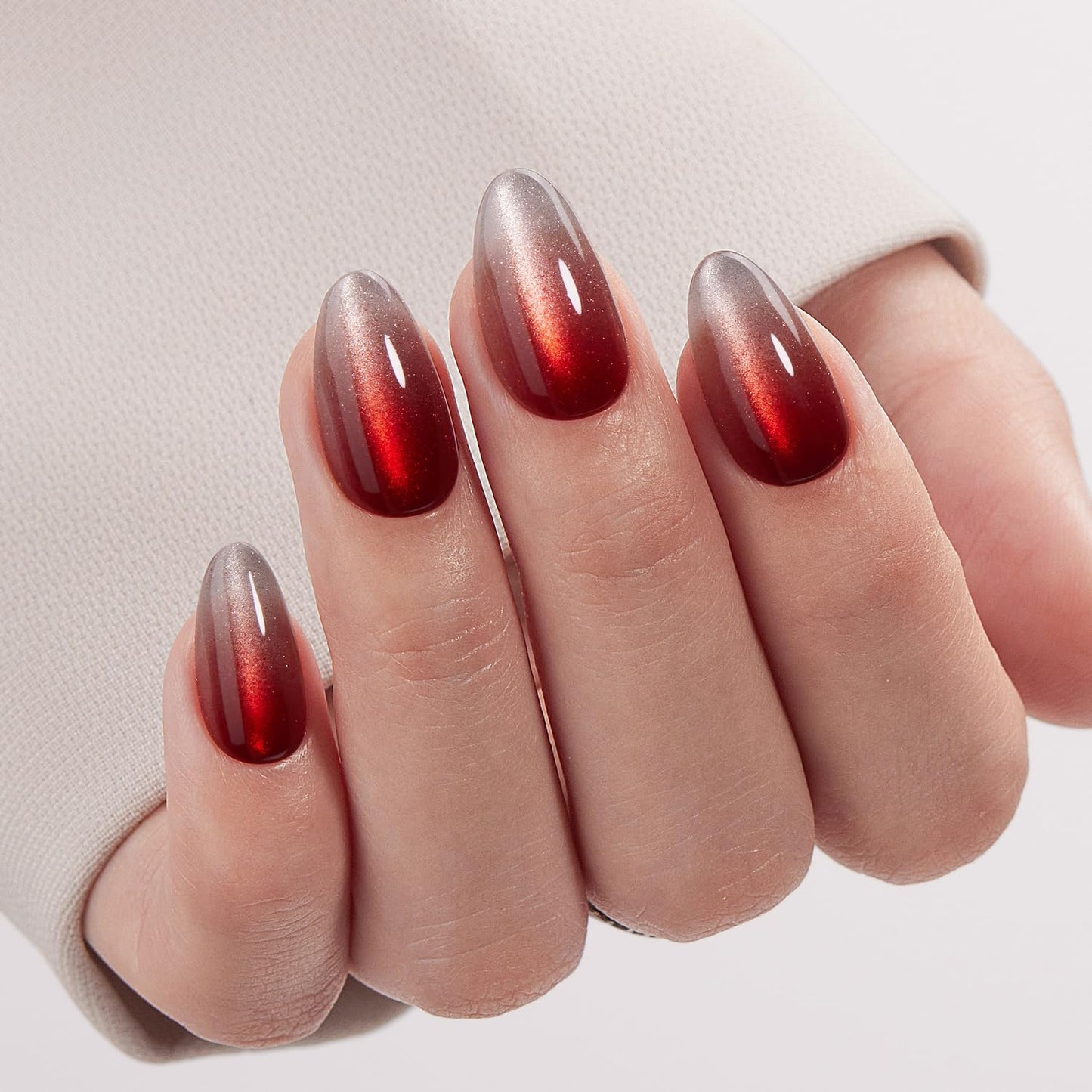 Press On Nails - Short Almond Cat Eye Nails Set, Blue Chrome Cat Eye - silver Red Ombre, UV Cured Nails & Mini Pack
