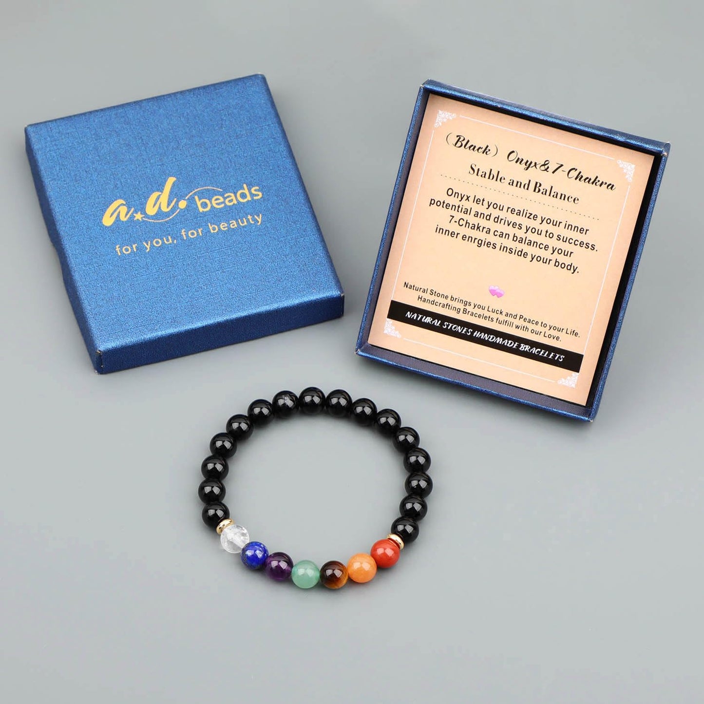 AD Beads Handmade Gemstone Stretch Elastic Bracelet Crystal Healing Reiki Nature's Beauty and Spiritual Essence Unisex (8mm, Onyx & 7-Chakra (Stable and Balance))