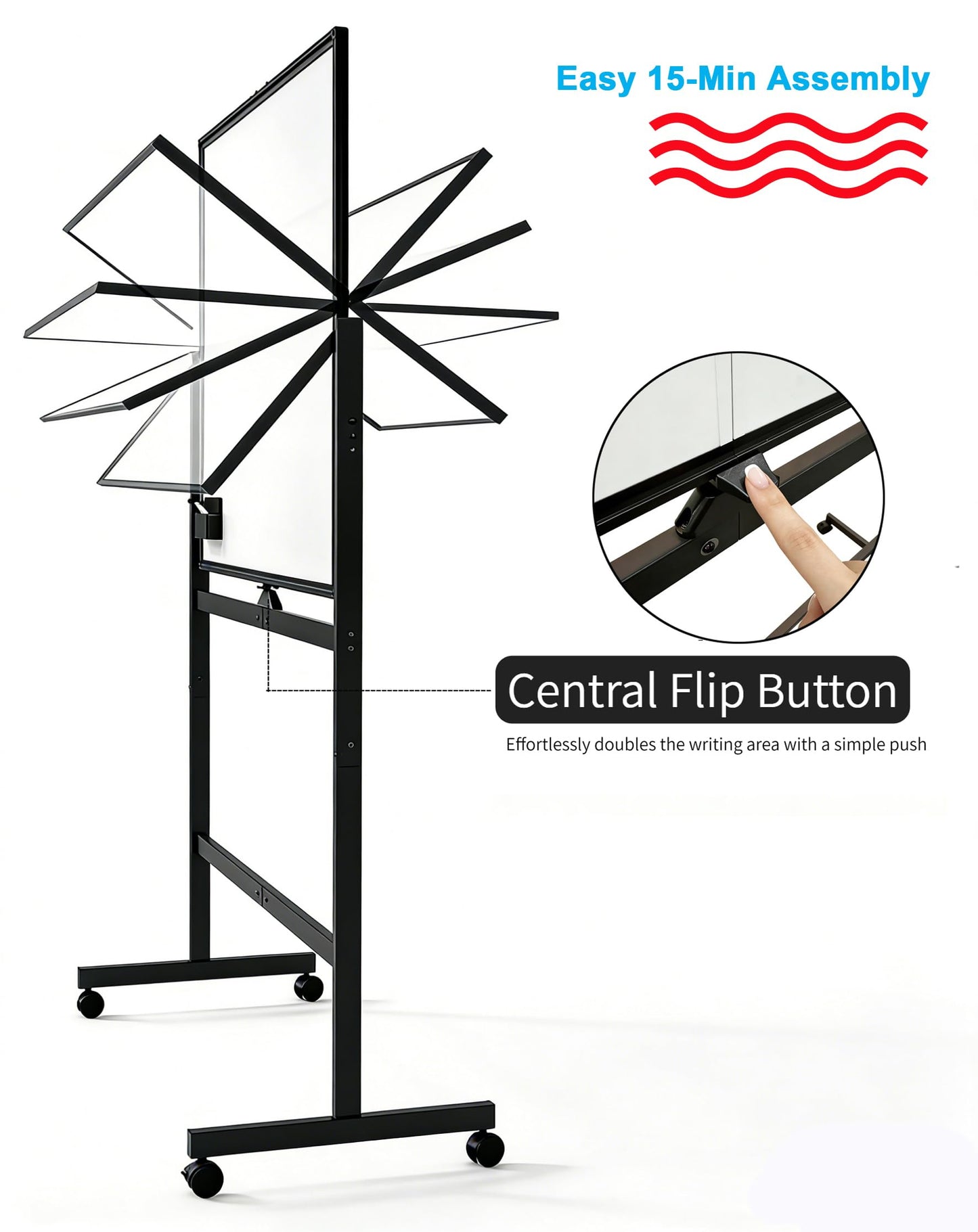 A AIRLLEN Rolling Whiteboard - 48x32 Double Sided Magnetic Dry Erase Board with One-Click Flip Button, Mobile Standing White Board for Teaching, Brainstorming & Office Presentations