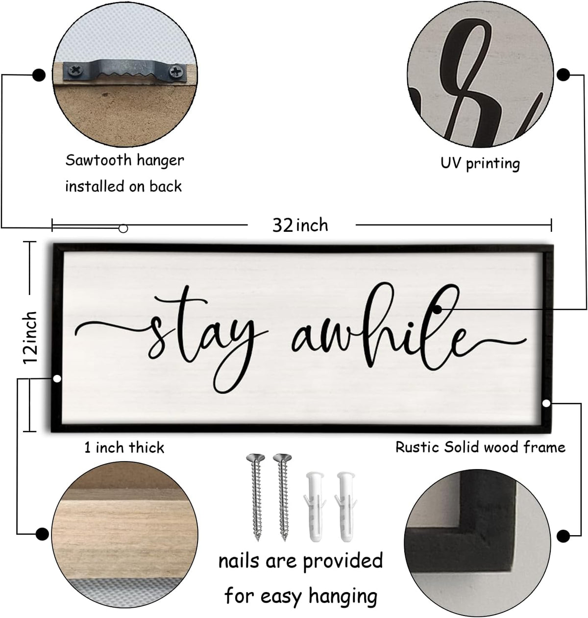 Stay Awhile Sign Wall Decor 32"X12" Large Solid Wood Frame For Hallway Living Room Entryway Farmhouse Wall Art Lets Stay Family Home Rustic Hanging Decoration (Black)