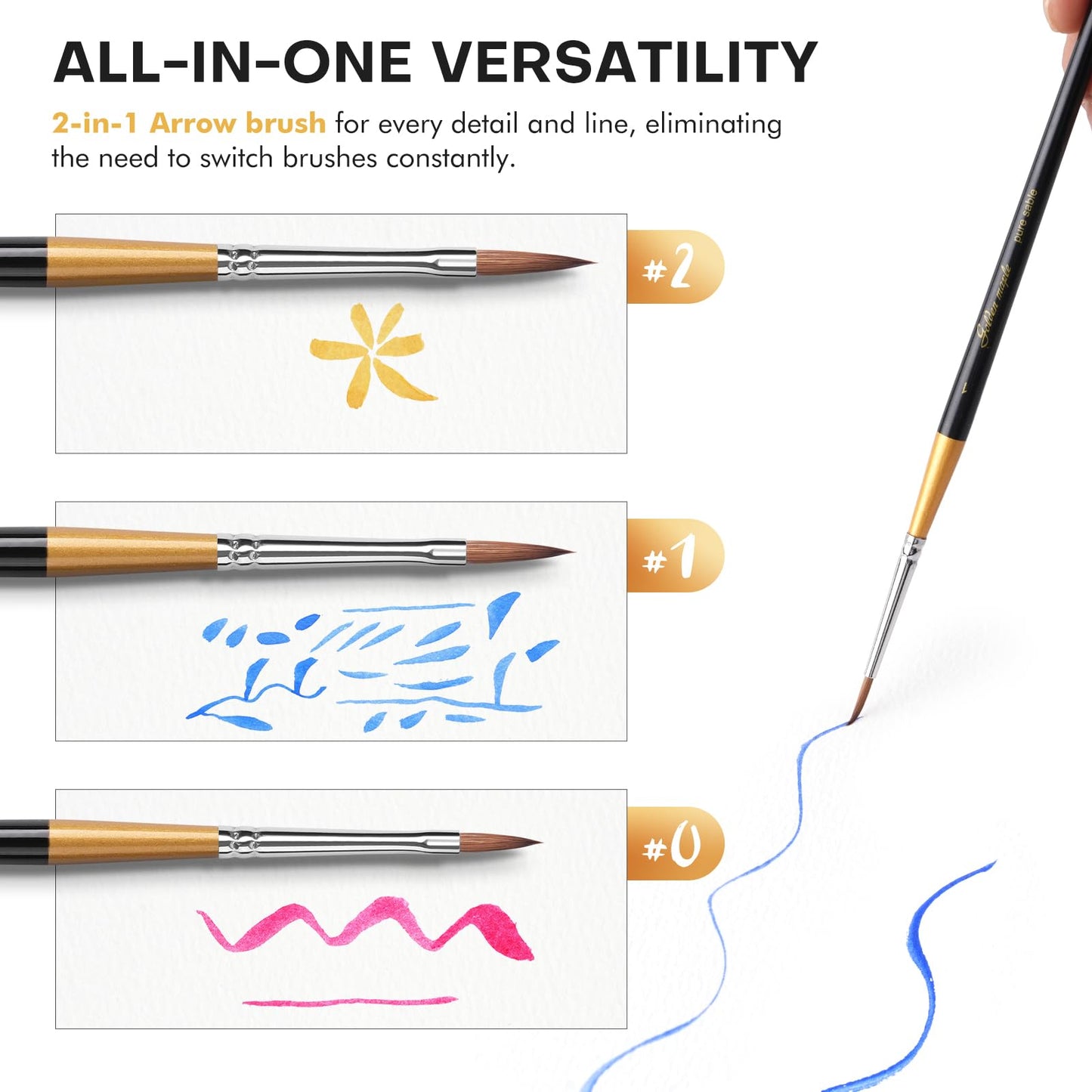 Golden Maple Kolinsky Sable Miniature Paint Brushes, 5PC Professional Detail Paint Brushes Arrow Point Paint Brush Set for Models, Watercolor Details, Figures & Gouache Painting, Black