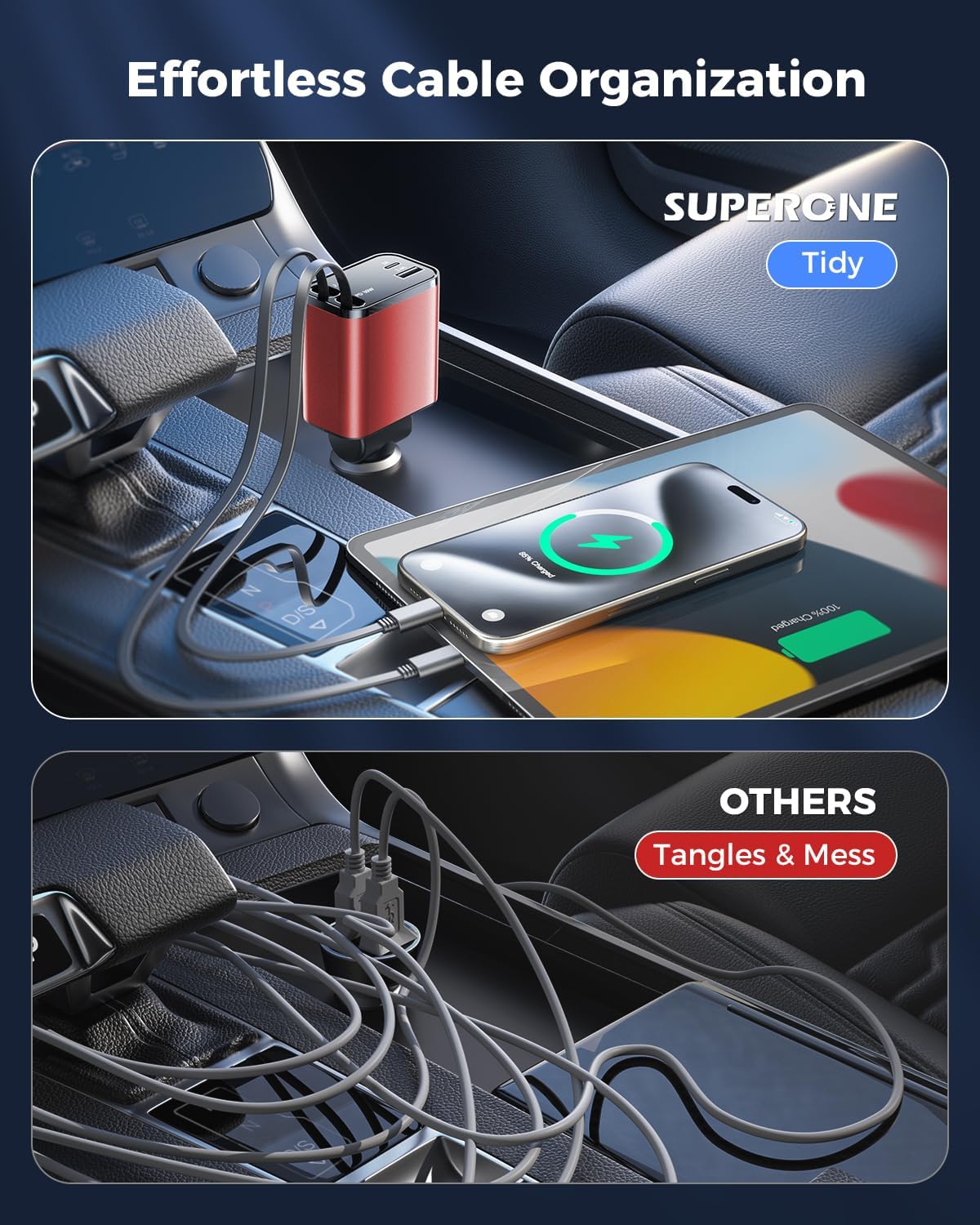 [2024 Upgraded] 4 in 1 Retractable Car Charger, SUPERONE Smaller Fast Car Phone Charger 69W with Cord, USB C and iPhone Car Charger Adapter, Compatible iPhone 15/15 Pro Max/14/13/12/11, Sumsung