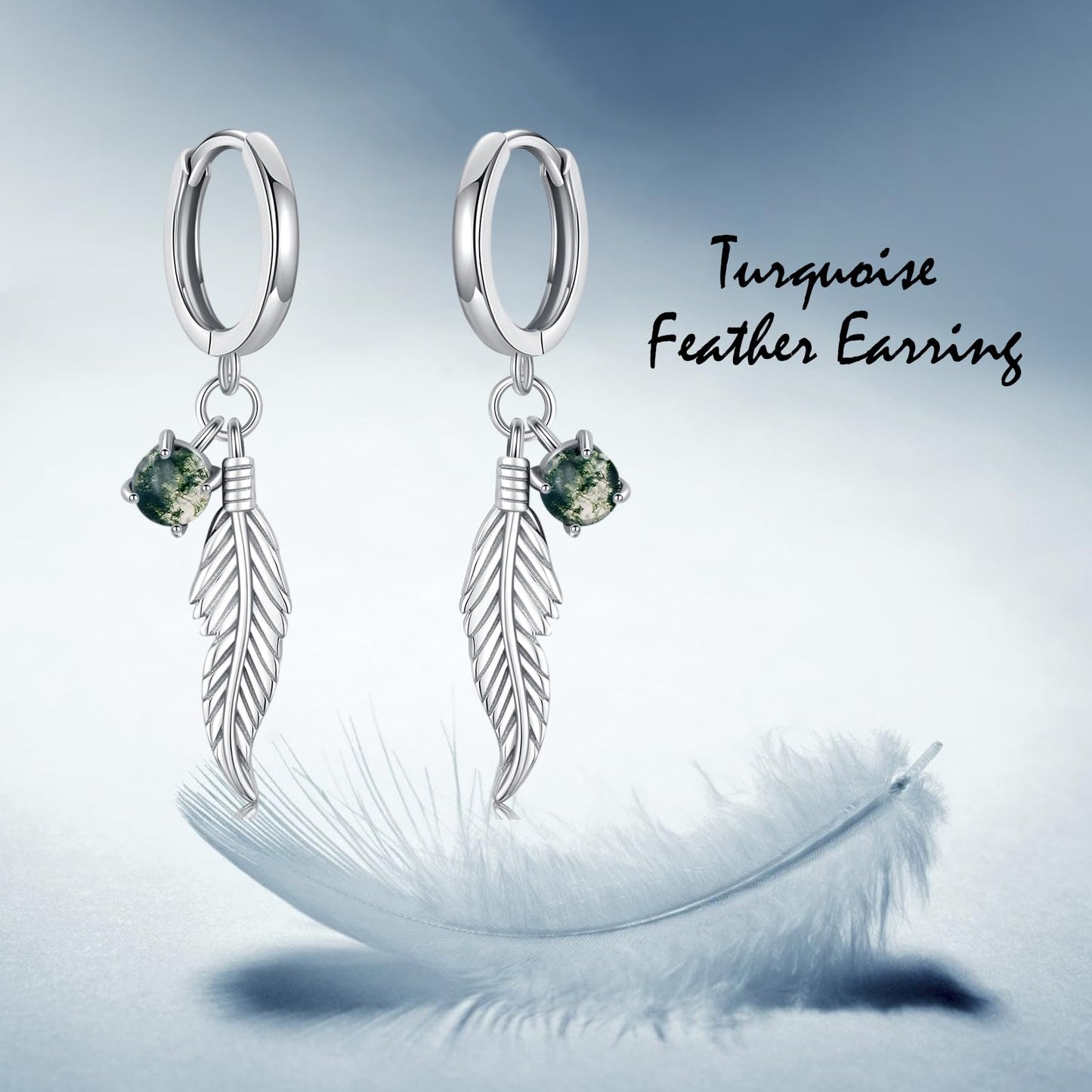 Feather Moss Agate Earrings 925 Sterling Silver Moss Agate Dangle Drop Earrings Feather Jewelry Bohemian Gifts for Women