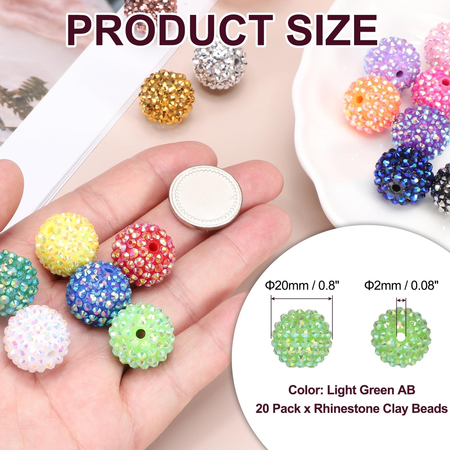 PATIKIL 20mm Resin Rhinestone Beads for Beadable Pen, 20 Pack Ball Disco Sparkly Chunk Round Bubblegum Beads for Beadable Keychain Jewelry Making DIY Craft, Light Green AB