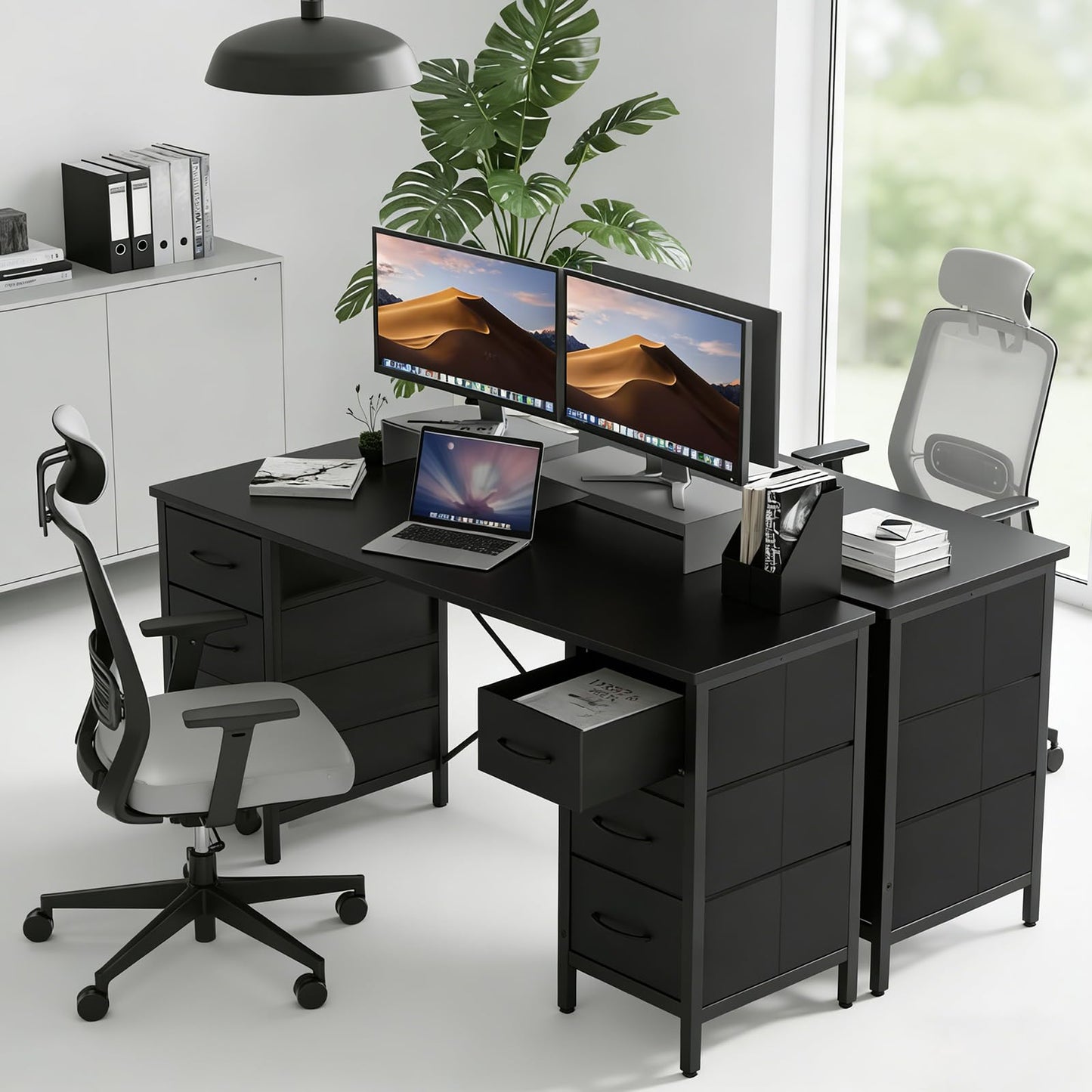 DUMOS 47 Inch Computer Desk with 8 Fabric Drawers, Office Gaming Desk with Storage, Writing Study Table with X-Shaped Reinforced Structure, Black